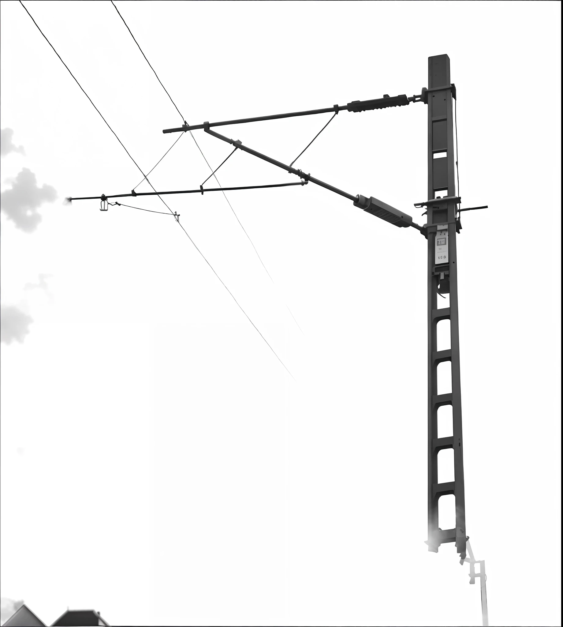 there is a black and white photo of a street light, overhead wires, powerlines, telephone pole, wires and lights, power lines, wires in background, attached to wires. dark, single line, wires hanging, hanging cables, telephone wires, electric cables, wires, cables hanging, up there, wires flying in the air, tangled overhead wires
