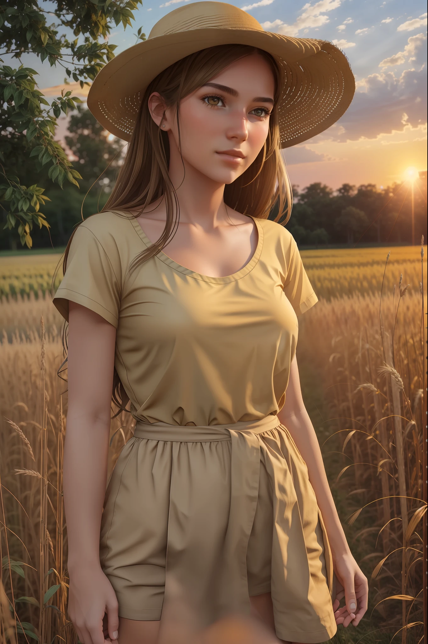 Farmer girl realistic, ((no t-shirt)) golden field, sunset background, full body, detailed face, intricate body, open t-shirt, --auto --s2