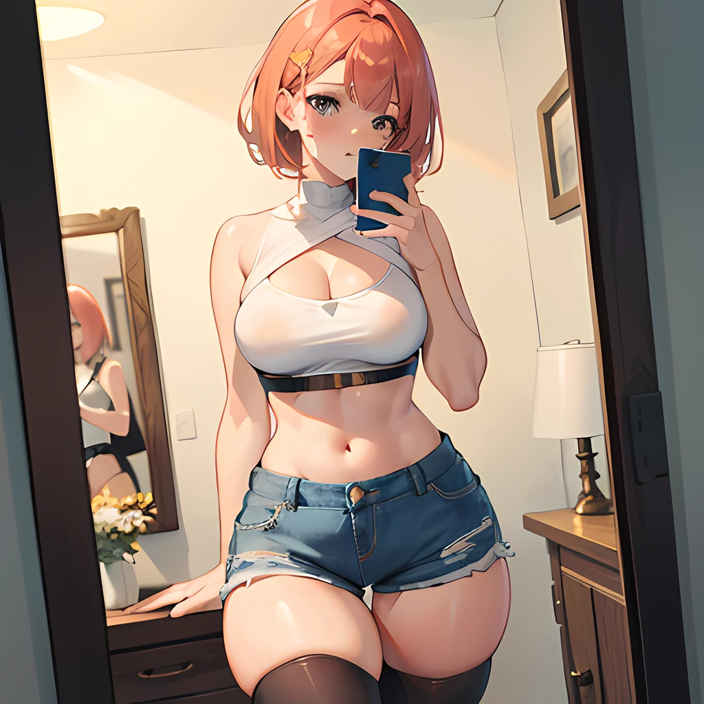 Masterpiece: 1.2, Best Quality), high resolution, a girl with a cute face, denim shorts, sexy body, large breasts, peach buttocks, waistline, short navel top, short dyed hair, black stockings, looking in the mirror,