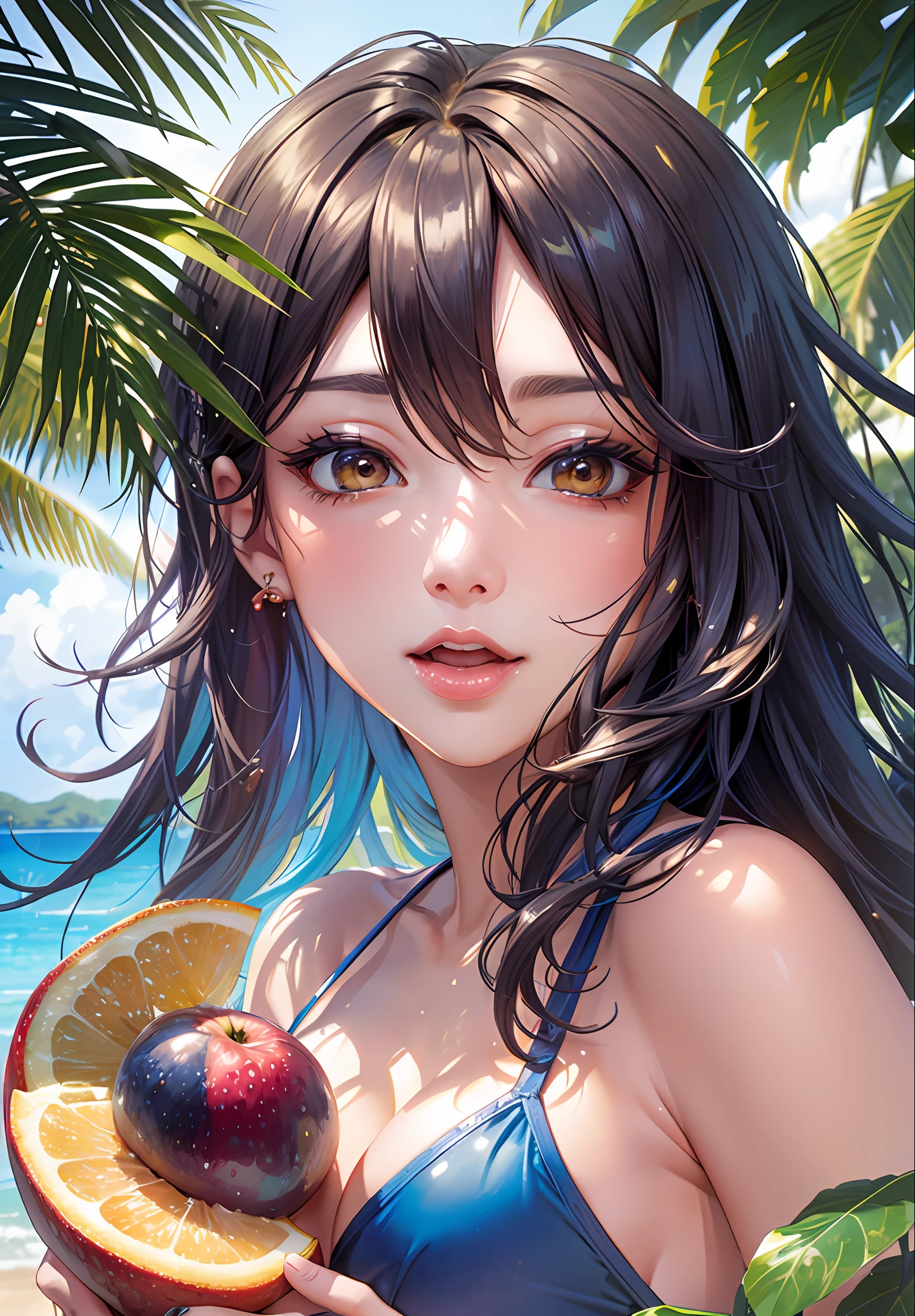 nsfw, hyperphotorealistic, buried in lots of fruits, random hairstyle and hair color, wet thin ultra micro bikini, beautiful lascivious woman kissing fruit, cheerful, sunny beach, super detailed