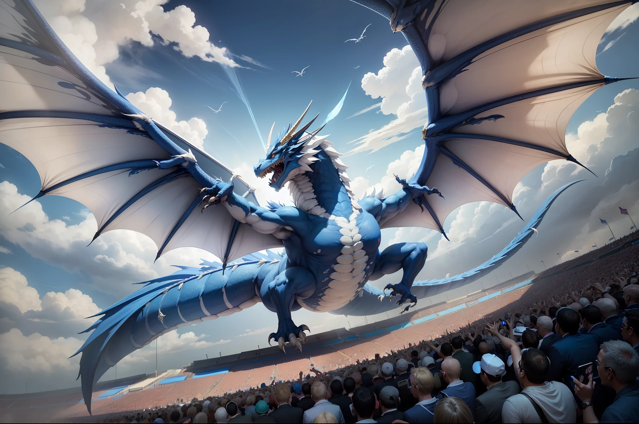 A blue and white dragon flies majestically over a crowded stadium, its wings outstretched and tail curved. The clear blue sky and fluffy clouds highlight the dragon. Enthusiastic fans in the stadium watch the magical moment as the dragon traverses the sky. The scene is exciting, exciting and full of energy.
