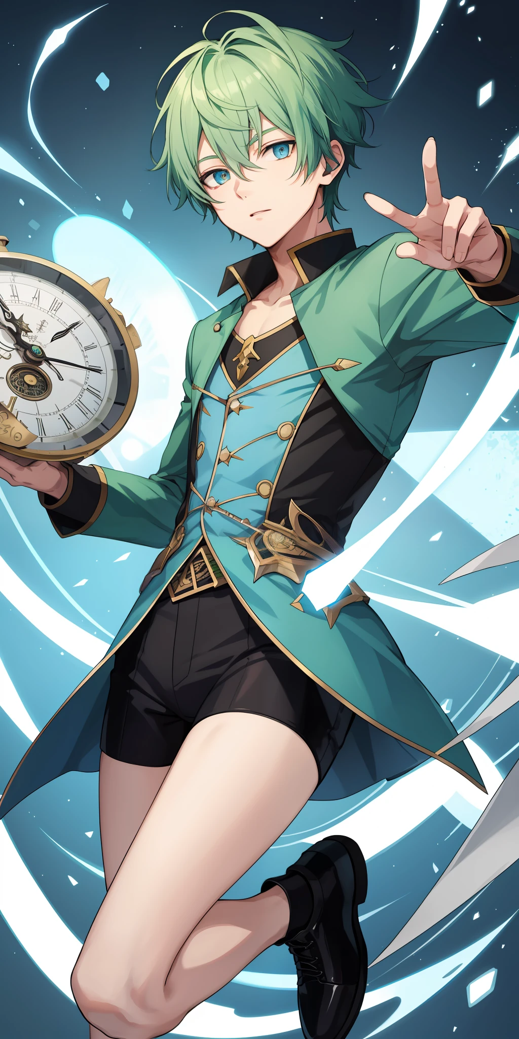 1Boy, has short green hair, has sharp ice blue eyes, give accurate facial features, give accurate hands, accurate legs,  HD , thighs appears ,  has a time manipulation ability , holding a clock