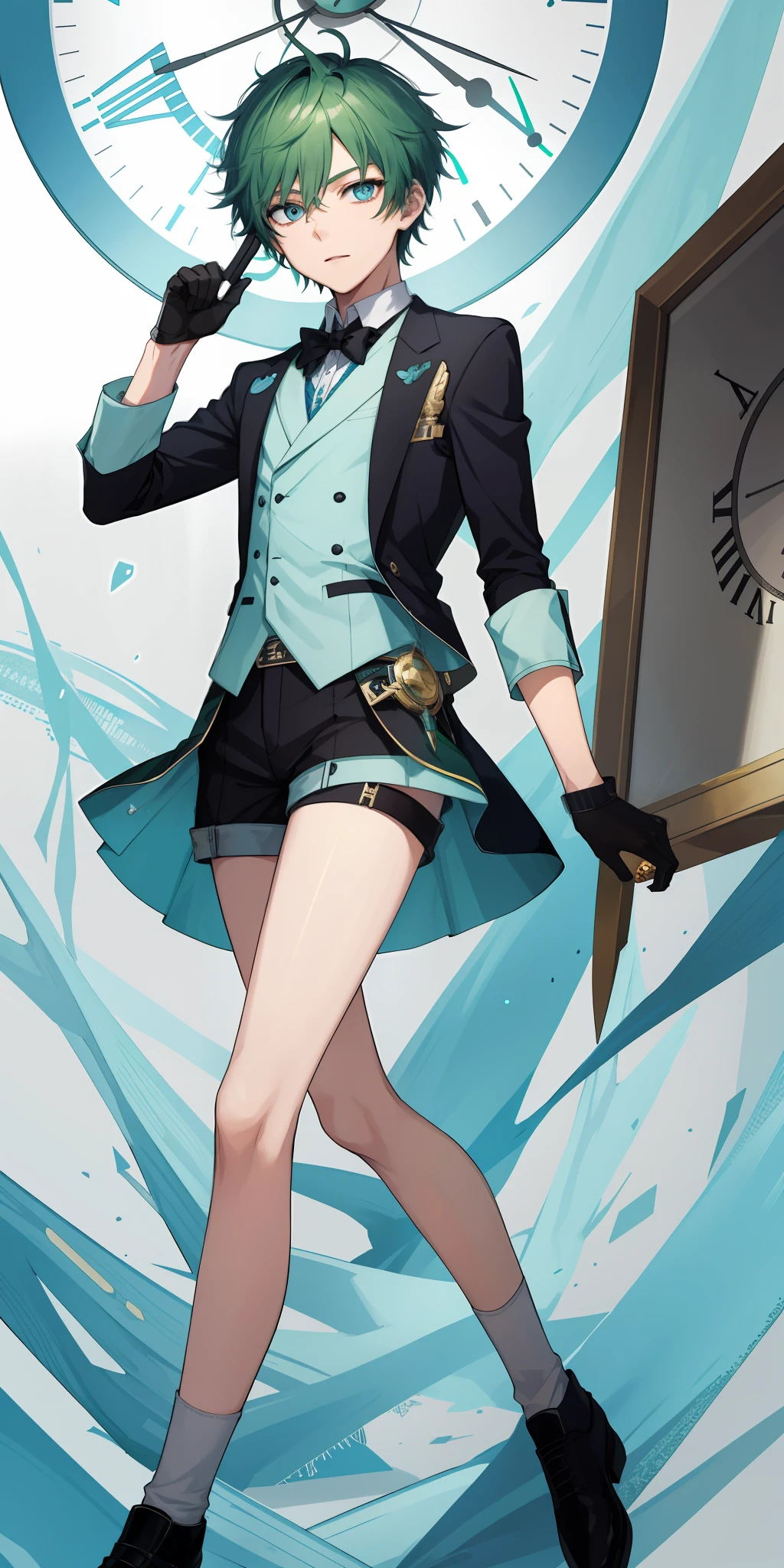 1Boy, has short green hair, has sharp ice blue eyes, give accurate facial features, give accurate hands, accurate legs, HD , thighs appears , has a time manipulation ability , holding a clock