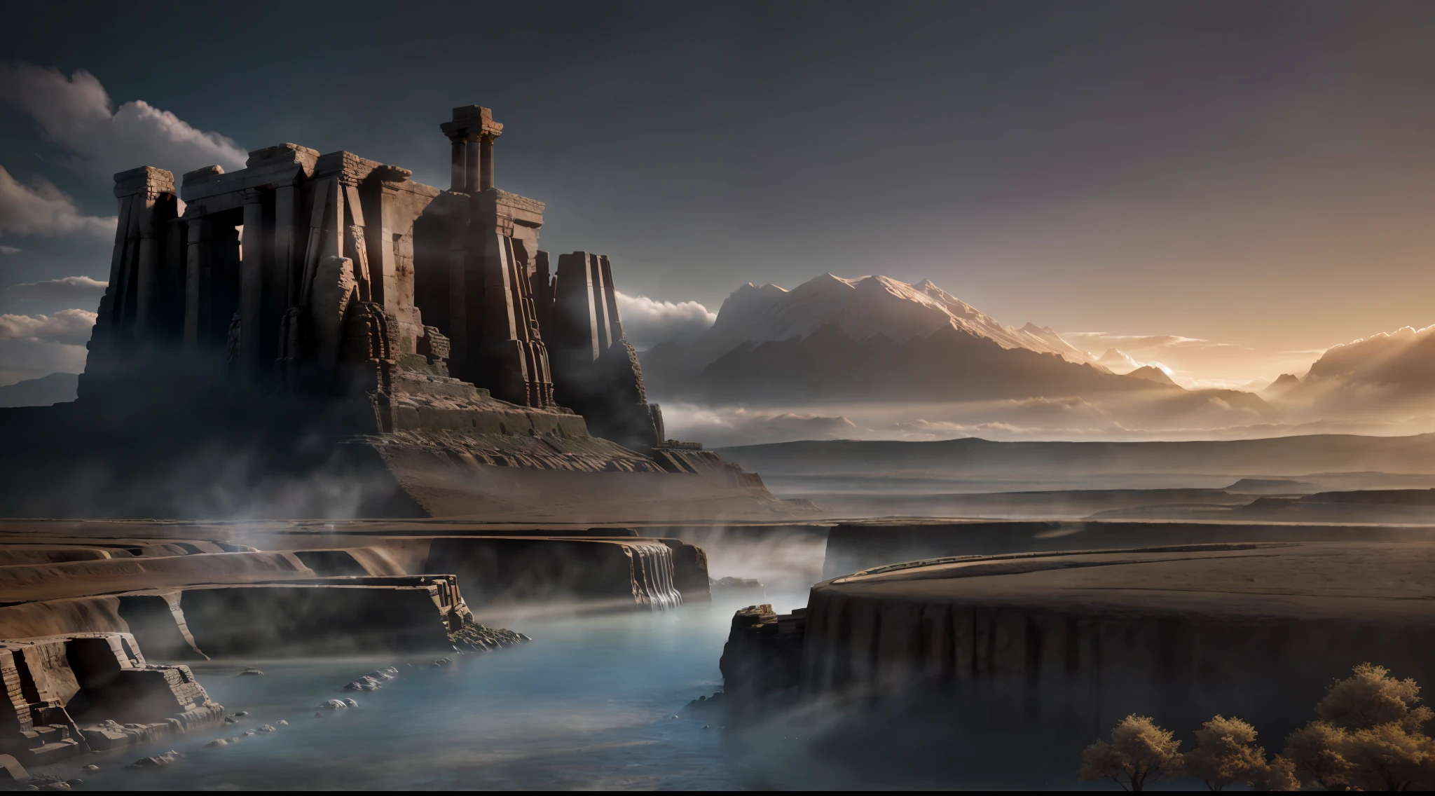 a good photo of (((concept art))) (((ancient fasion landscape)), 8k resoultion, ultra cool, hyper realistic, medieval scifi style, dramatic lighting, atmosphere lighting, dark lighting, hyper detail features, ray tracing, 3D, cinematic lighting, dark shadows, unrealistic Engine 5 rendering, ((central focus)), hyper detail, trend in artstation, 4k, extremely high details, ultra hd, hdr, extremely high details