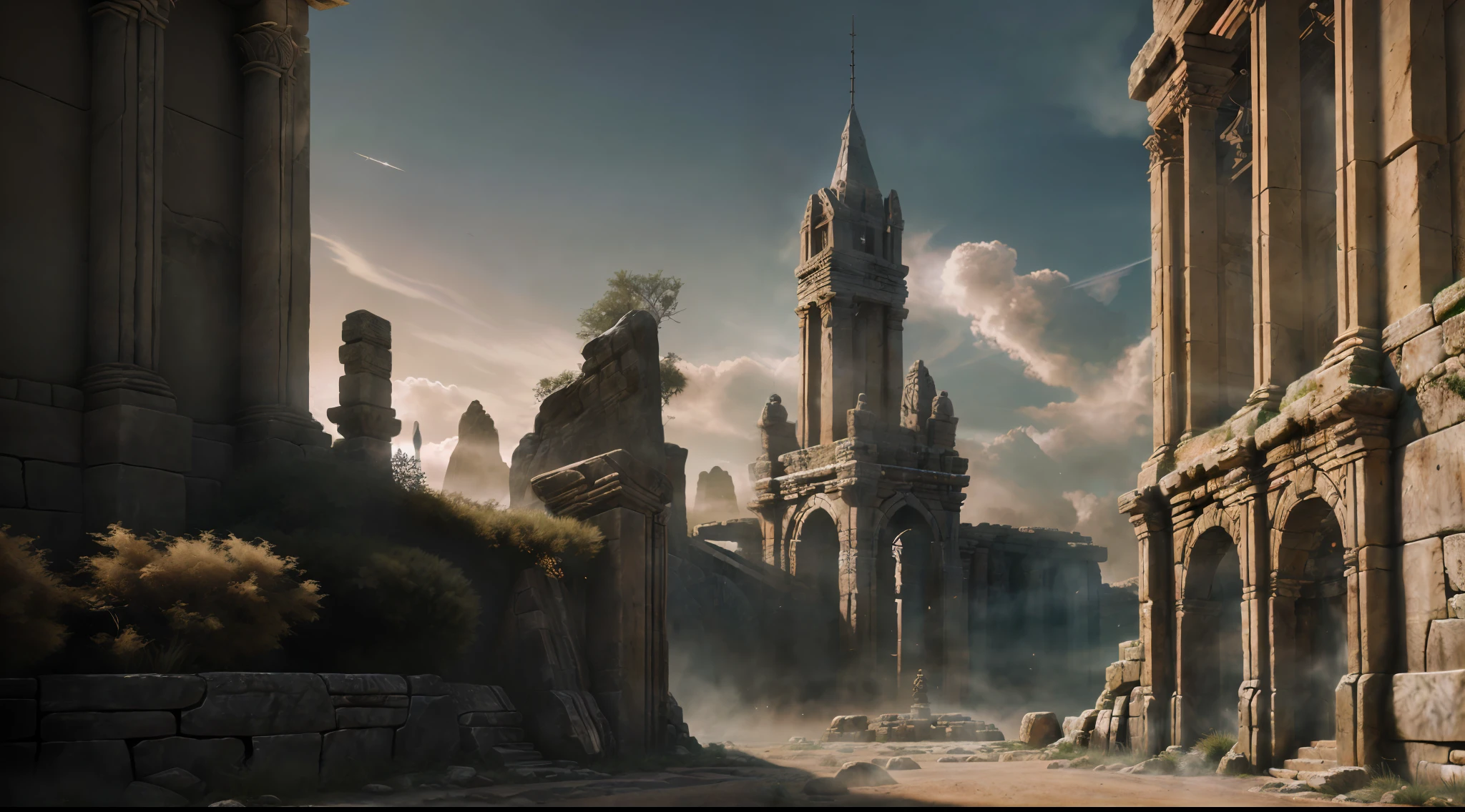 a good photo of (((concept art))) (((ancient fasion landscape)), 8k resoultion, ultra cool, hyper realistic, medieval scifi style, dramatic lighting, atmosphere lighting, dark lighting, hyper detail features, ray tracing, 3D, cinematic lighting, dark shadows, unrealistic Engine 5 rendering, ((central focus)), hyper detail, trend in artstation, 4k, extremely high details, ultra hd, hdr, extremely high details