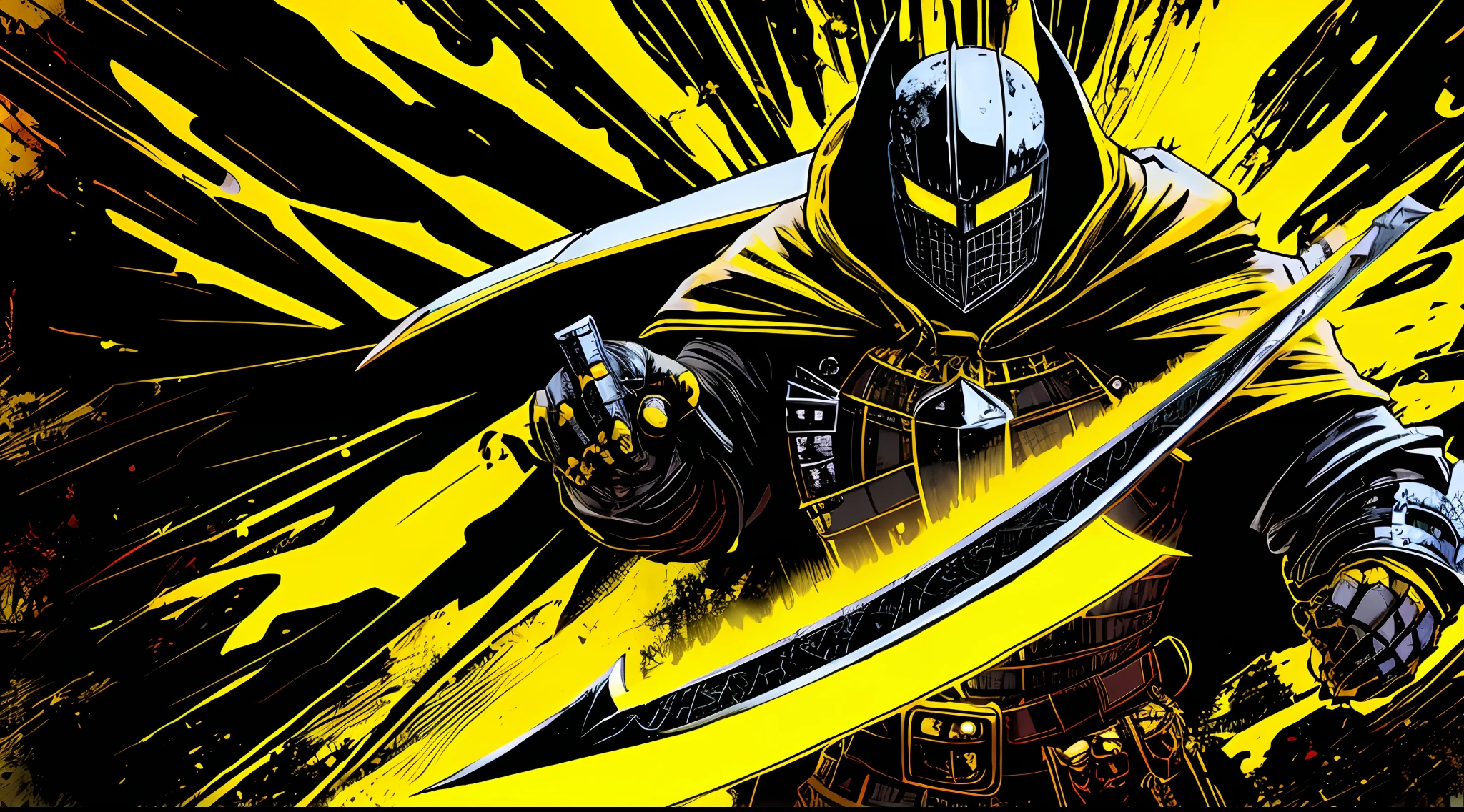 yellow and black, a medieval dark knight with a large sword, in the style of Mork Borg, strong contrast, grunge dirty punk splash art, black metal zine