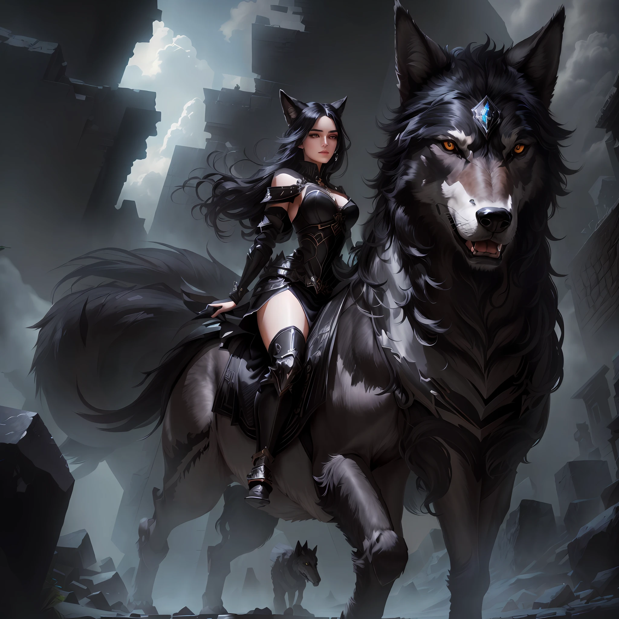 beautiful woman, black hair, symmetrical, perfect, mounted on top of a wolf, giant, stepping on stone, diamond, with small steps, lurking on the battlefield. realistic image, high quality 4k, realistic image