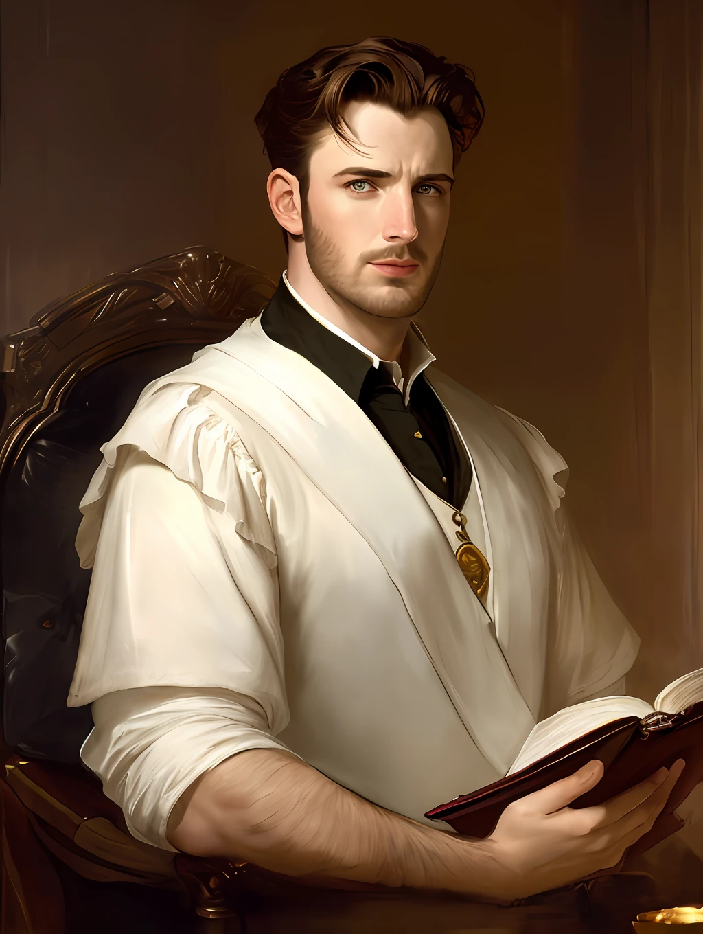 (Masterpiece) Chris Evans as an insanely handsome middle-age man, red skin, black short messy hair, hazel eyes, perfect face, extremely handsome man, big Greek nose, nice lips, biblical, gospel, digital painting, watercolor painting oil, painterly, by Jeremy Lipking, by Antonio J. Manzanedo, Alphonse Mucha, Fuller Graves, Bartolome Esteban Murillo, JC Leyendecker, Craig Mullins, Peter Paul Rubens Detailed Painting, CGSetivity, ArtStation HD, High Detail, Photorealism, Concept Art, ArtStation HD, official art, trend in the artstation, 8k.