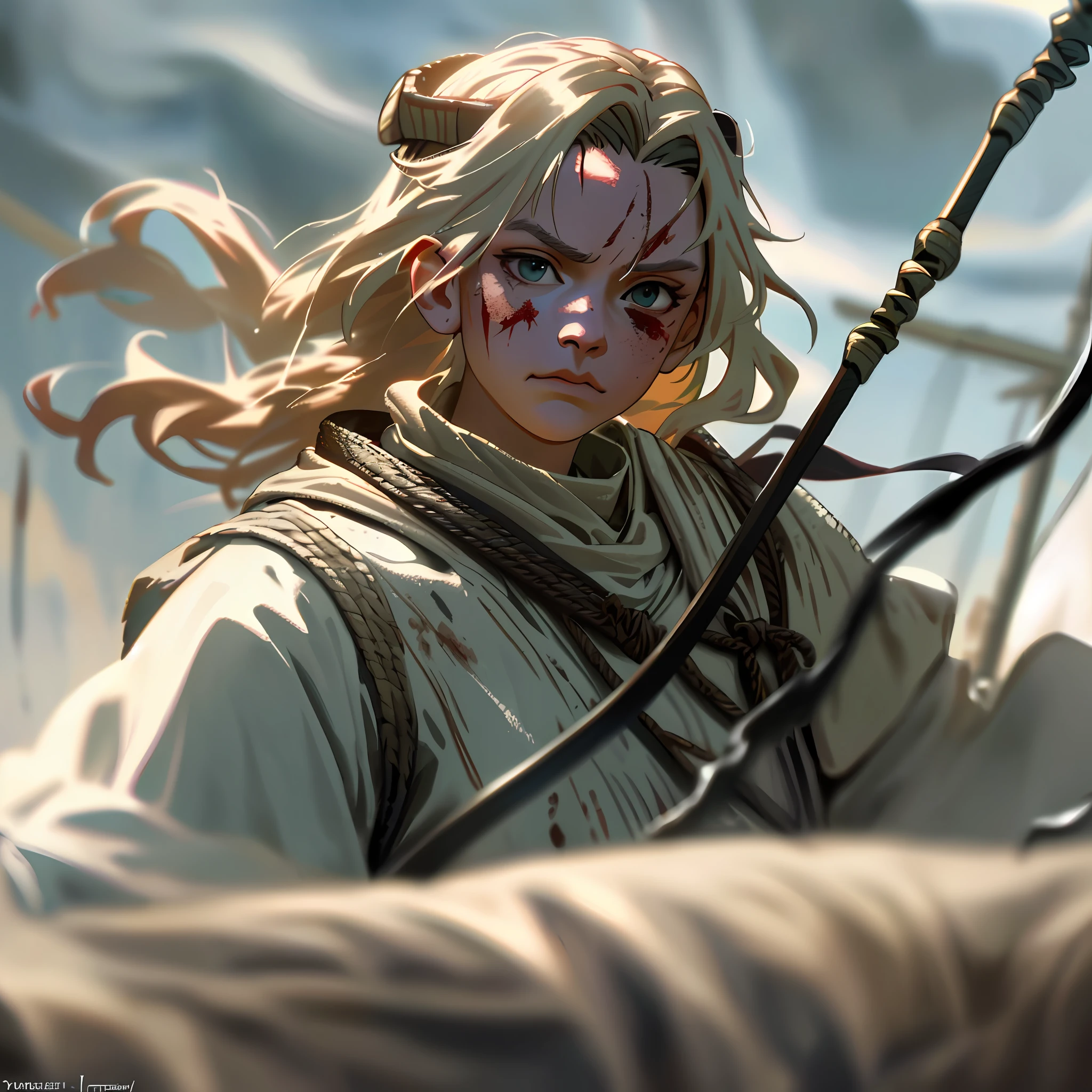 Ultrawide realistic photo of a bloody fierce viking woman, injured by an arrow, battle-scarred mind-blowing details, highly detailed face, ethereal, , ominous, scarred, highly detailed, viking attire, cinematic, 16k, 1080s, smooth, sharp focus, by Stanley Artgermm, WLOP, trending on DeviantArt, trending on ArtStation, full of color, digital art, Smooth gradients, depth of field, shot on Canon Camera