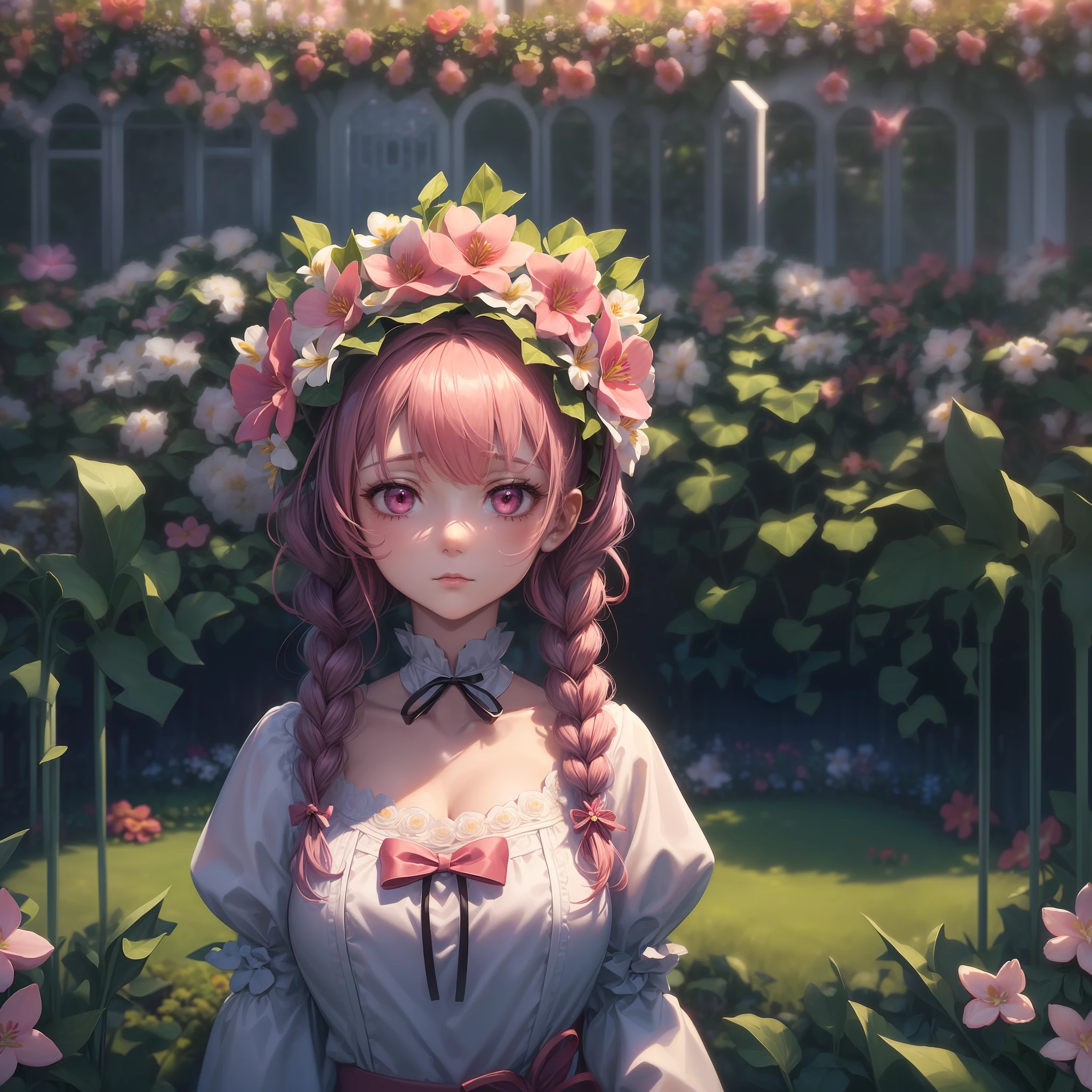 1 girl, wearing a white blouse with red bow on top of her breasts, has pink eyes, big pink hair with small braids with cat ears, she is looking at the viewer with look of doubt, ((garden with many flowers:1.5)), 16k, high resolution, ((best quality, high detail:1.5)), UHD, ((masterpiece)), bright eyes, ((perfect anatomy:1.5))