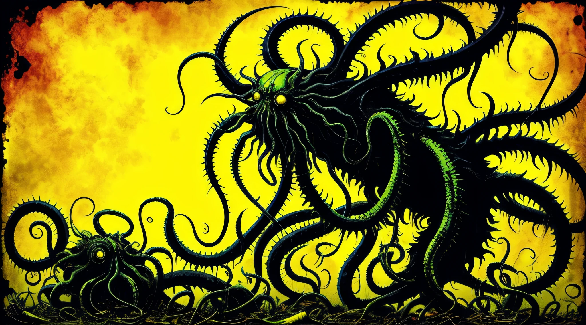 yellow and black, a deformed monster with disgusting tentacles, in the style of Mork Borg, strong contrast, grunge dirty punk splash art, black metal zine