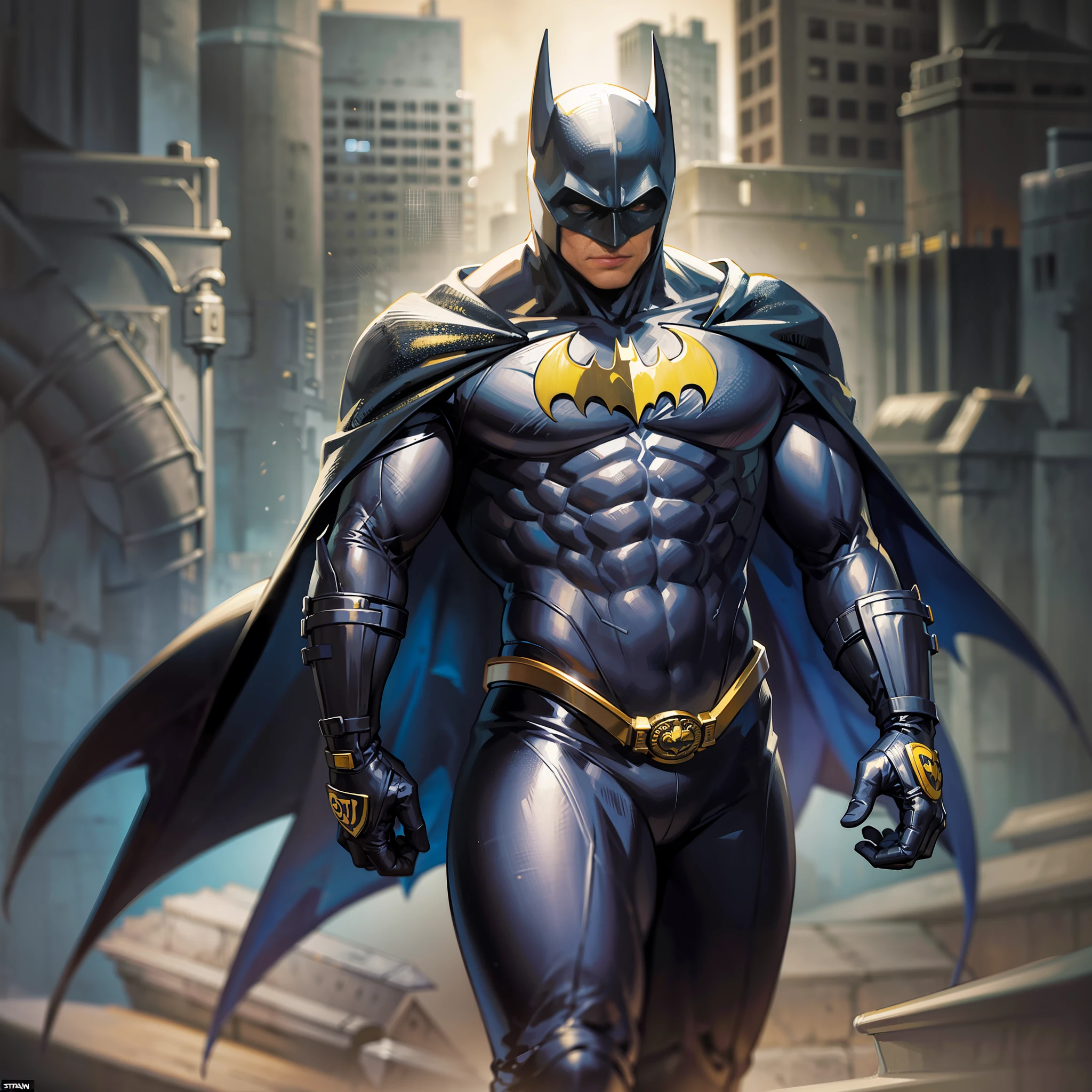 "paint a highly detailed depiction of a superhero inspired by Batman. The character should be reminiscent of a bat, dressed in Batman's bat-suit from the 80s. In the background, depict Gotham City with a dark and eerie atmosphere."