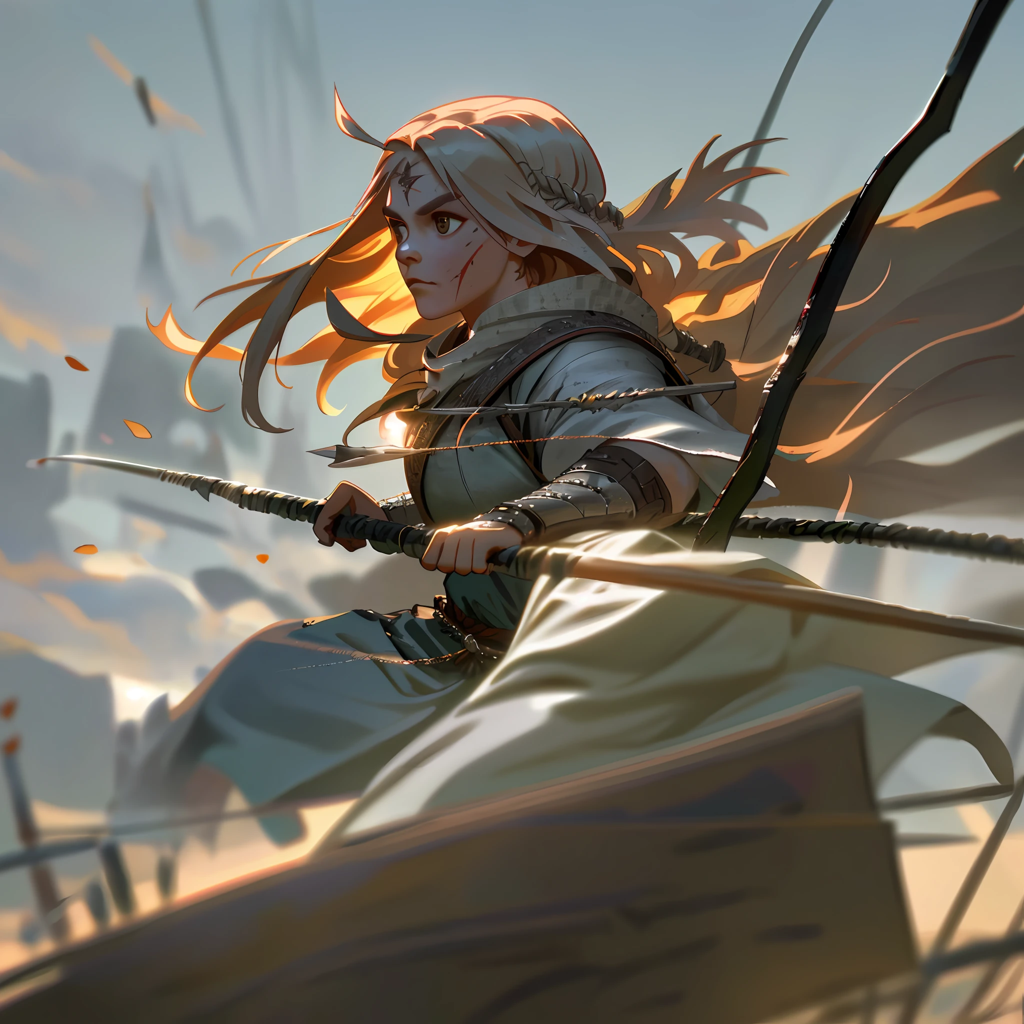 Ultrawide realistic photo of a bloody fierce viking woman, injured by an arrow, battle-scarred mind-blowing details, highly detailed face, ethereal, , ominous, scarred, highly detailed, viking attire, cinematic, 16k, 1080s, smooth, sharp focus, by Stanley Artgermm, WLOP, trending on DeviantArt, trending on ArtStation, full of color, digital art, Smooth gradients, depth of field, shot on Canon Camera