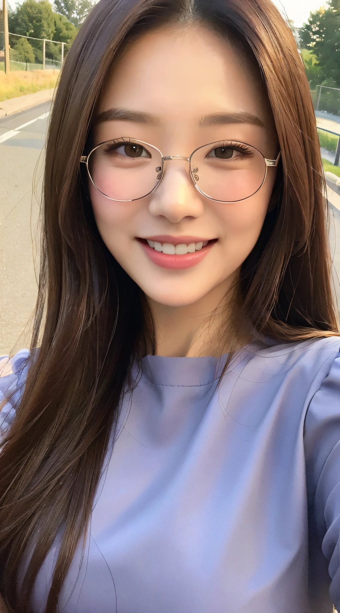 ((Best quality, 8k, Masterpiece :1.3)), 1girl, taking selfie, closeup, smiling, slim face, Pretty woman, (Dark brown hair), full length dress :1.1, Ultra-detailed face, Detailed eyes, Double eyelid, blur background, slim face, city, on road, countryside, glasses, sunny, blue sky