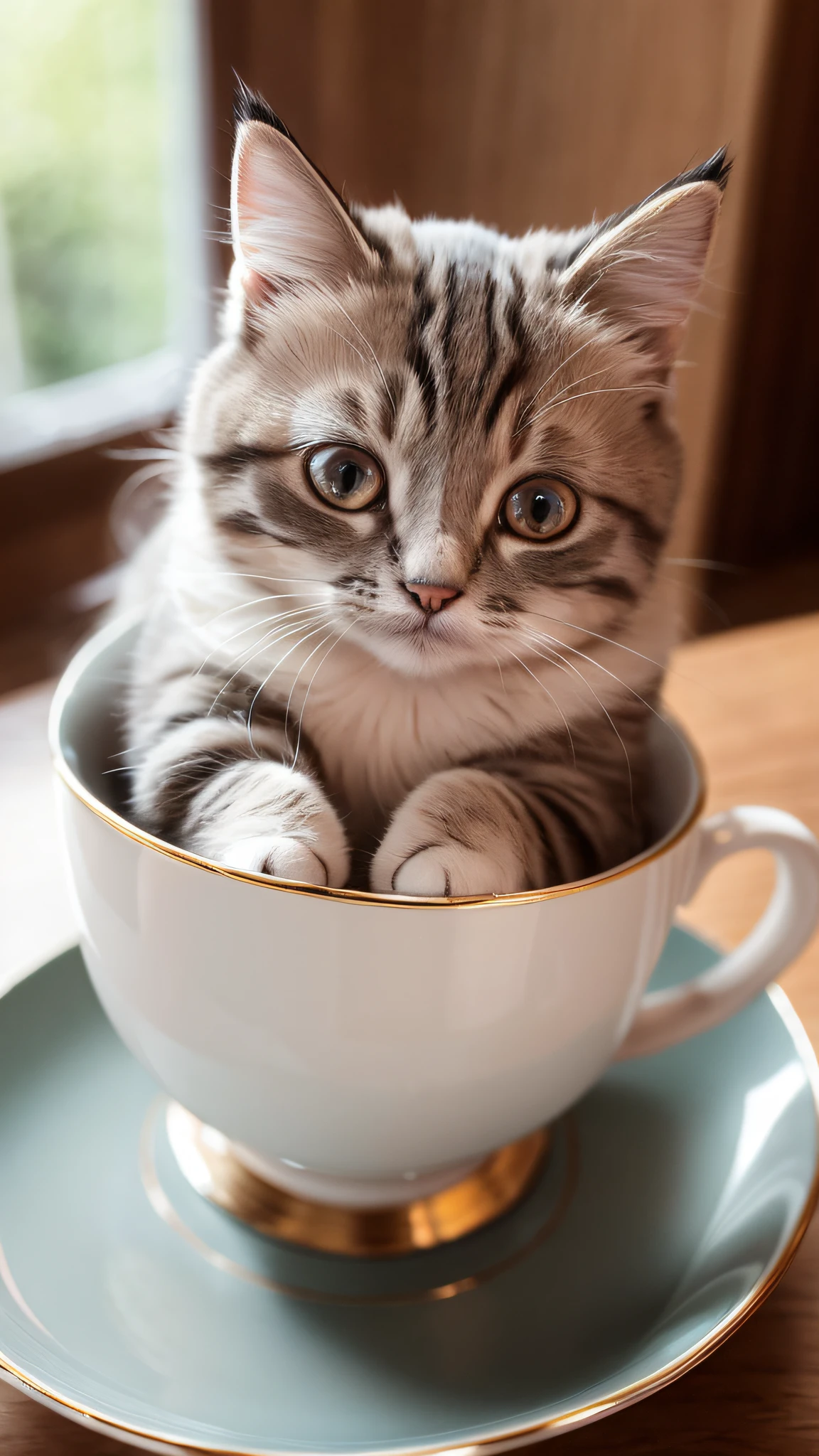 Cat, (Himalayan), (Small)))), in a teacup, Face, Front paws out, 8K, Professional photo, Delicate, Clear, On the table, Inside the house, Sunshine, Light Leak, Masterpiece, ((Pretty))), Fashionable Teacup, (Reality), Plush Toy, Round Pupils