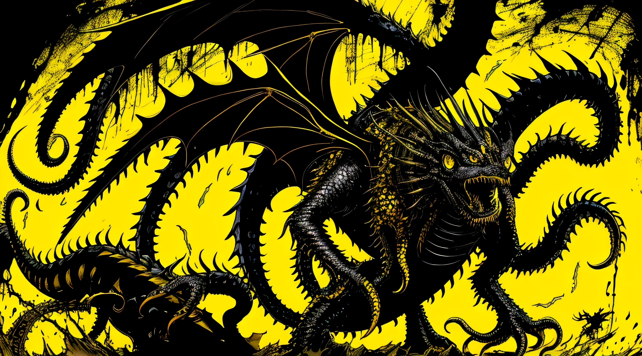 yellow and black, a deformed dragon with disgusting tentacles, in the style of Mork Borg, strong contrast, grunge dirty punk splash art, black metal zine