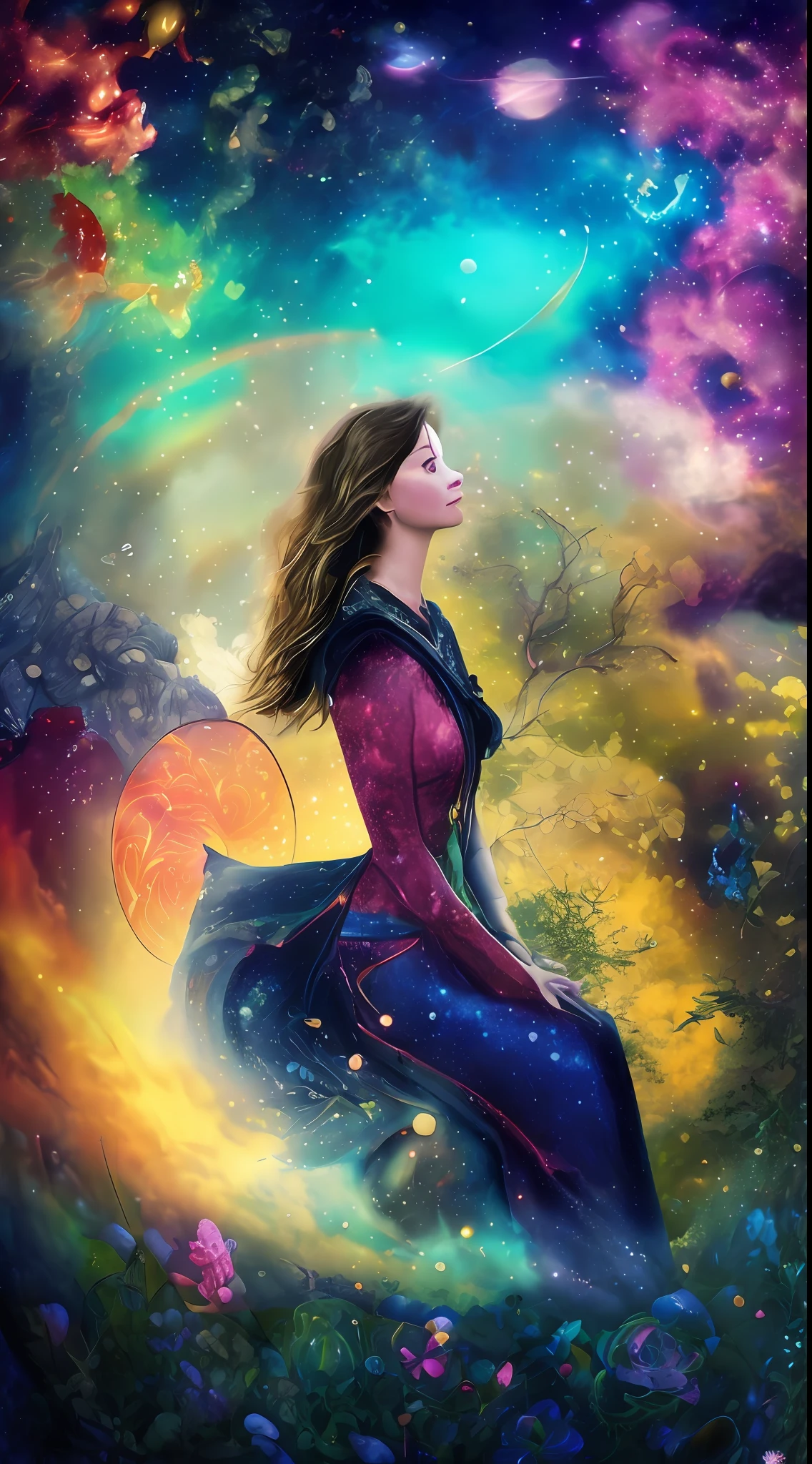 Incredible and spectacular scene, a "((high quality)), (detailed)), ((fantasy)), illustration, perspective (45 degree tilt angle), theme (enchanted forest style), scene elements (handsome boy, beautiful girl), picture quality (3D rendering effect), exquisite details, beautiful lights "emerge from glowing clouds, fractal nebula lines, cosmic entities, celestial bodies, universes, vibrant and vivid, swirling, rotating, impractical, high contrast, co-metabolic, magical, mysterious, mysterious, surreal, Oversaturated, colorful