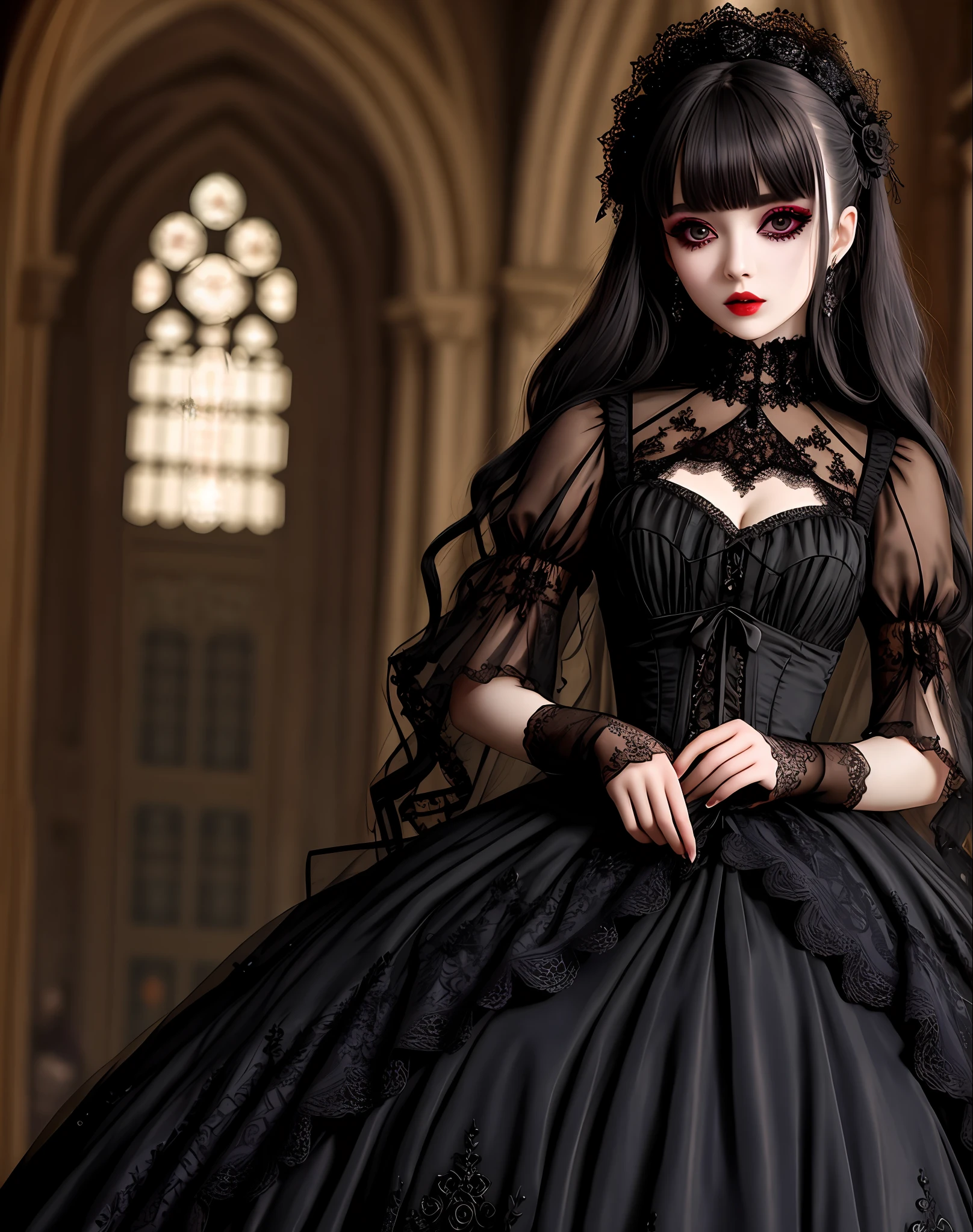 Masterpiece, absurdres,HDR ,highly detailed eyes and face,GothGal, a woman dressed in gothic ballgown holding,runny makeup, see through clothing, lace, embroidery , woman wearing a GothGal outfit, pale white skin, wearing a ballgown