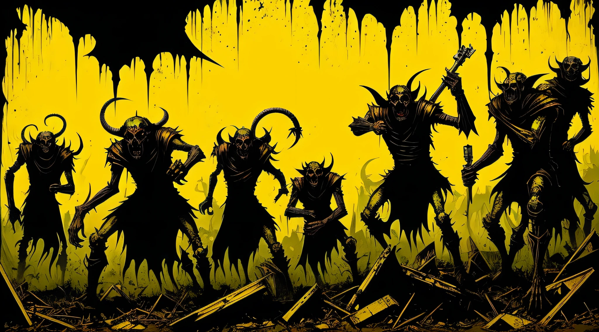 yellow and black, a medieval horde of deformed goblins, in the style of Mork Borg, strong contrast, grunge dirty punk splash art, black metal zine