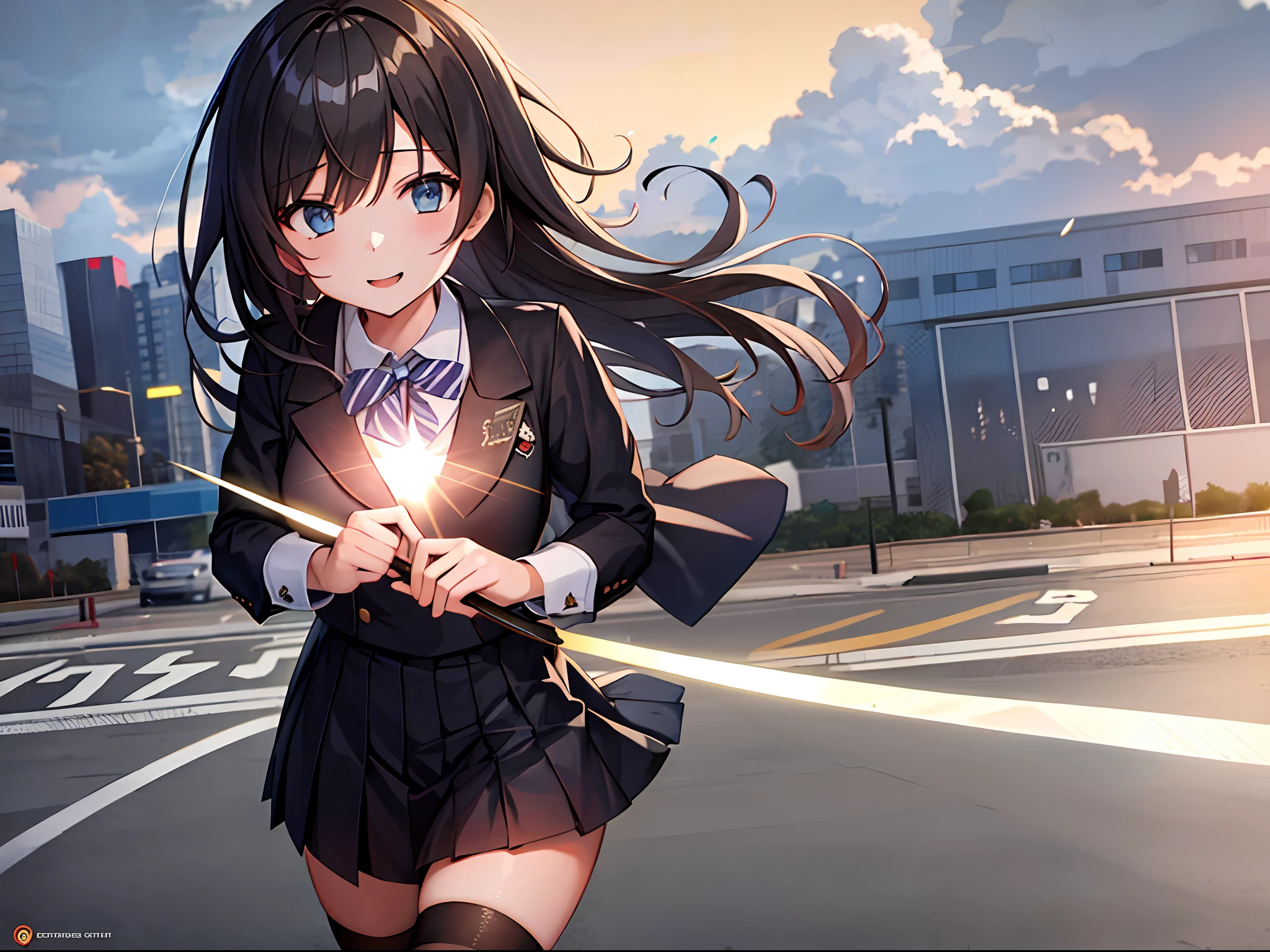 absurdres, absolutely resolution, incredibly absurdres, highres, ultra detailed, official art, unity 8k wallpaper, Kinetic Typography BREAK (1girl:1.4), solo, dynamic poses, dynamic angle, cowboy shot, upper body BREAK school uniform, silhouette, scenery, outdoors, sky, sunset, cloud, power lines, grass, railroad tracks, building, utility pole, sign, ground vehicle, (road, walking street:1.4), smile, bag BREAK depth of field, bokeh, lens flare BREAK nice hands, perfect hands, japanese sword,
