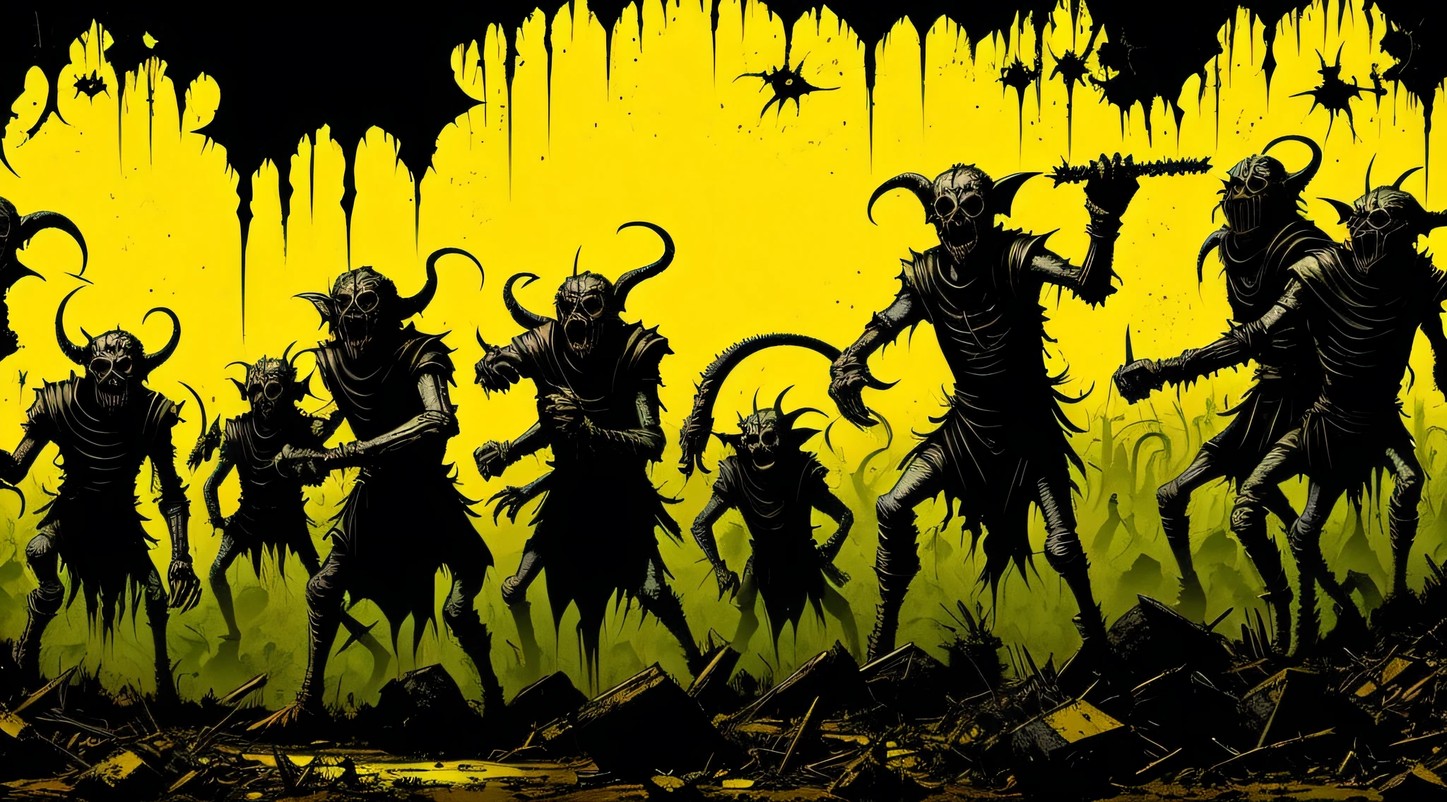 yellow and black, a medieval horde of deformed goblins, in the style of Mork Borg, strong contrast, grunge dirty punk splash art, black metal zine