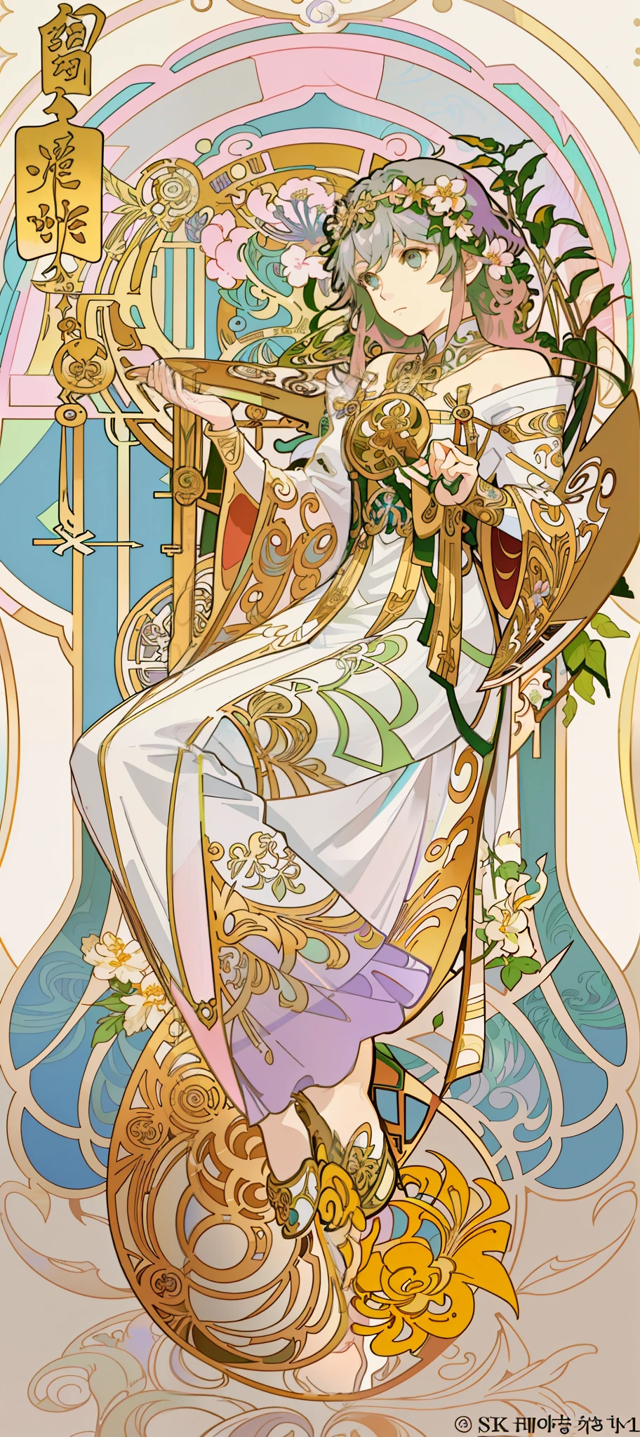 a painting of a woman sitting on a chair with flowers, anime art nouveau, alphonse mucha and rossdraws, alphonse mucha style, korean art nouveau anime, flat shading mucha, in style of alphonse mucha, demura and alphonse mucha, anime art nouveau cosmic display, inspired by Alfonse Mucha, mucha style, flat cel shading mucha