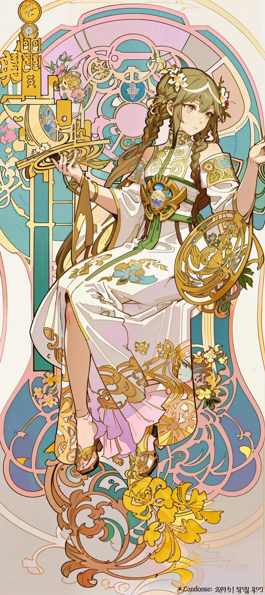 a painting of a woman sitting on a chair with flowers, anime art nouveau, alphonse mucha and rossdraws, alphonse mucha style, korean art nouveau anime, flat shading mucha, in style of alphonse mucha, demura and alphonse mucha, anime art nouveau cosmic display, inspired by Alfonse Mucha, mucha style, flat cel shading mucha