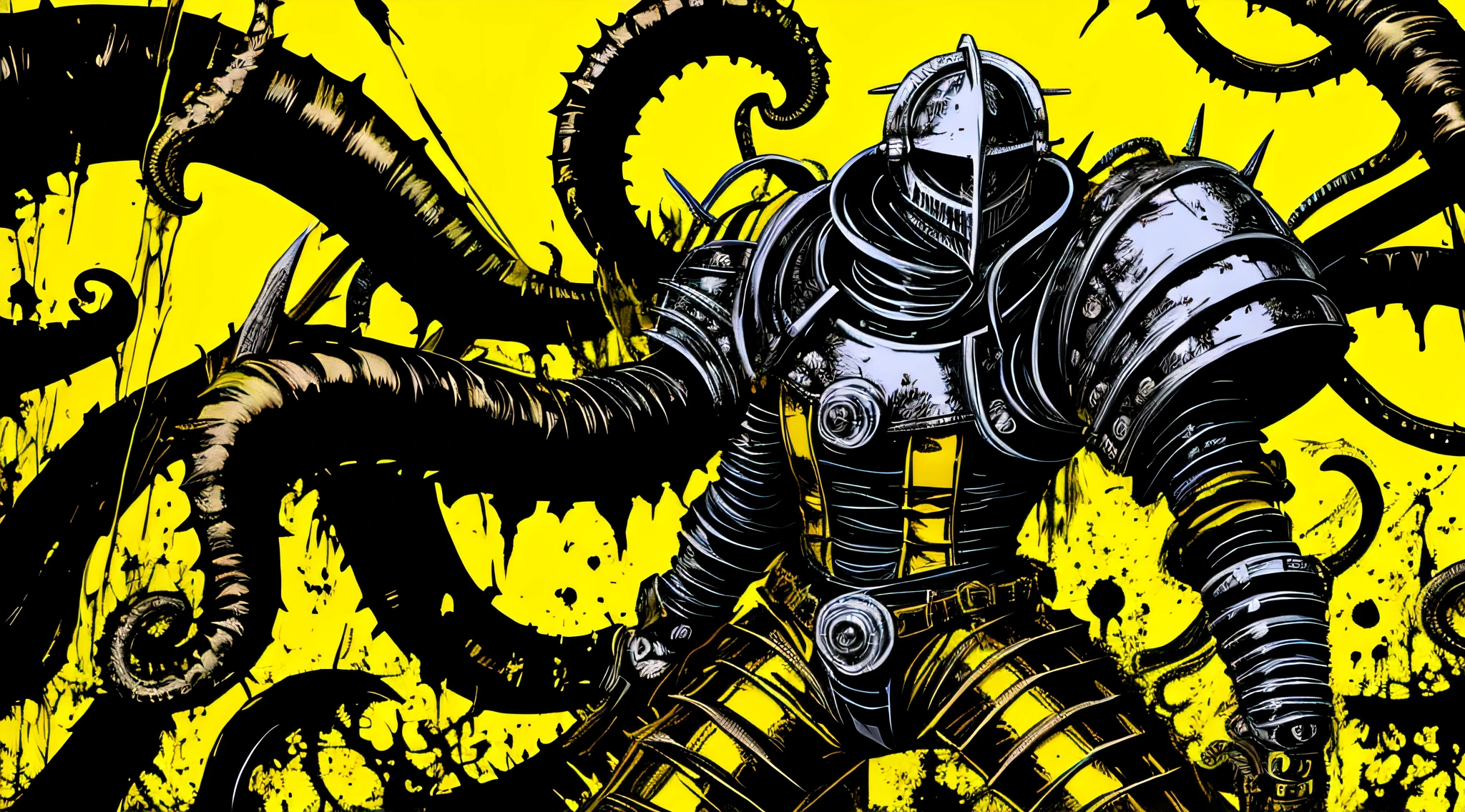 yellow and black, a deformed medieval knight with disgusting tentacles, in the style of Mork Borg, strong contrast, grunge dirty punk splash art, black metal zine