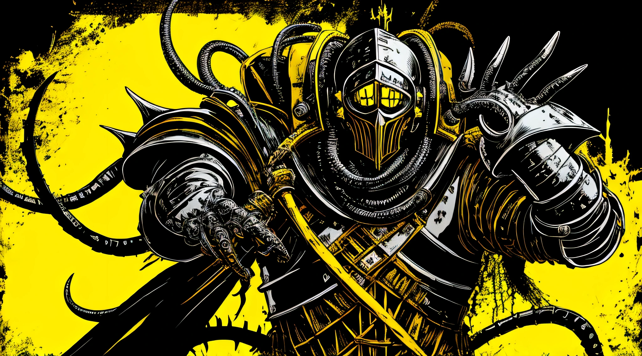 yellow and black, a deformed medieval knight with disgusting tentacles, in the style of Mork Borg, strong contrast, grunge dirty punk splash art, black metal zine