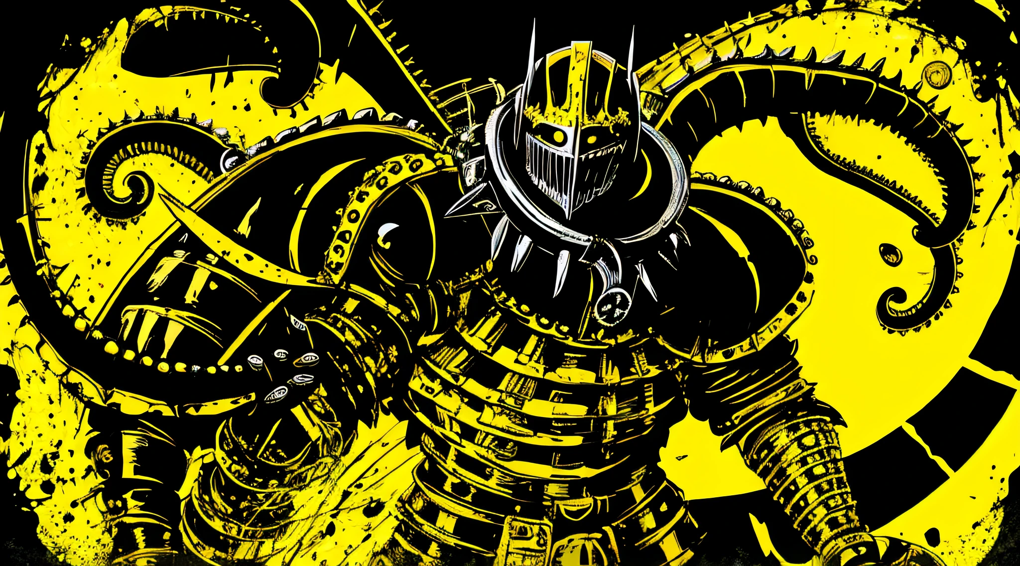 yellow and black, a deformed medieval knight with disgusting tentacles, in the style of Mork Borg, strong contrast, grunge dirty punk splash art, black metal zine