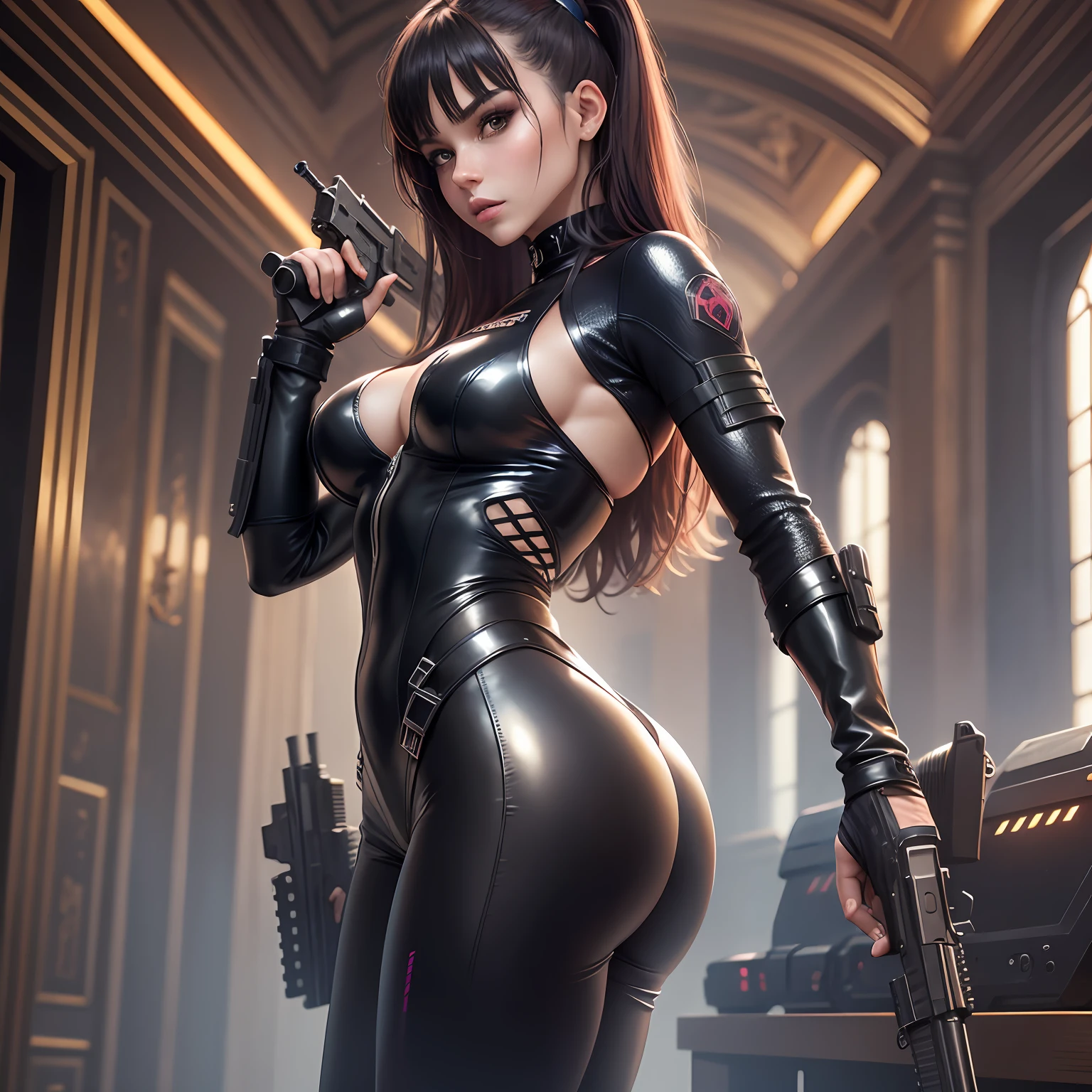 full body shot, sexy, shot from behind, young girl, detailed face, looking at viewer, perfect face, perfect body, high resolution, high quality, correct anatomy fantasy, epic, nina body suit, leather, latex, high heels, special agent, gun, rifle, cyberpunk, palace background, inside palace, bedroom background, strong jawline, night --auto --s2