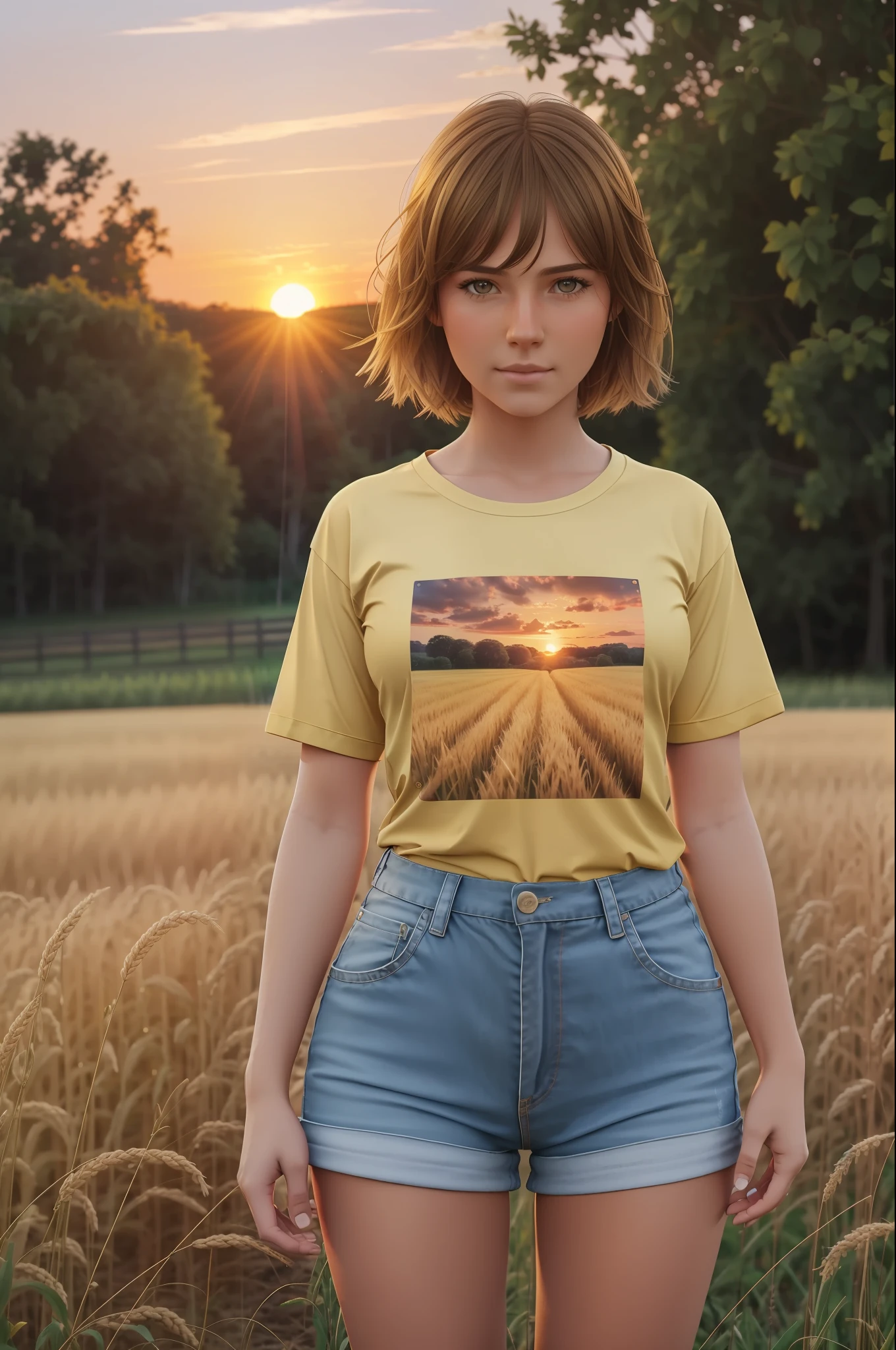 Farmer girl realistic, ((no t-shirt)) golden field, sunset background, full body, detailed face, intricate body, open t-shirt, --auto --s2