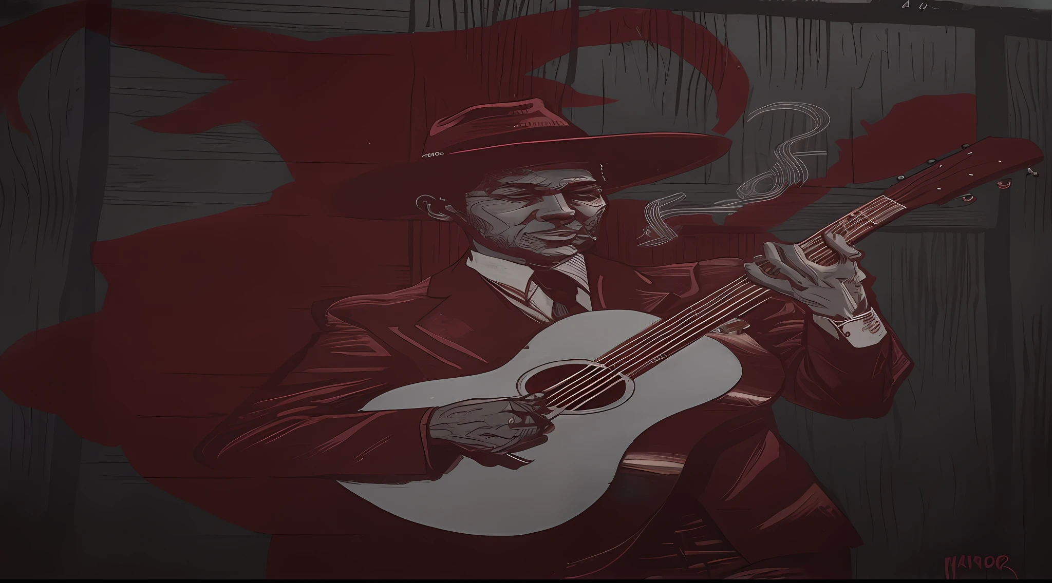 painting of a man in a suit and hat playing guitar in a blues bar, 1930s, art by Peter Bell, Django, Blues, by Clint Cearley, in the style of Clint Cearley, by David Eugene Henry, by Amos Ferguson, fanart, album art, by Clifford Ellis, by Lennie Lee, album cover, by Dave Arredondo, by Chip Zdarsky
