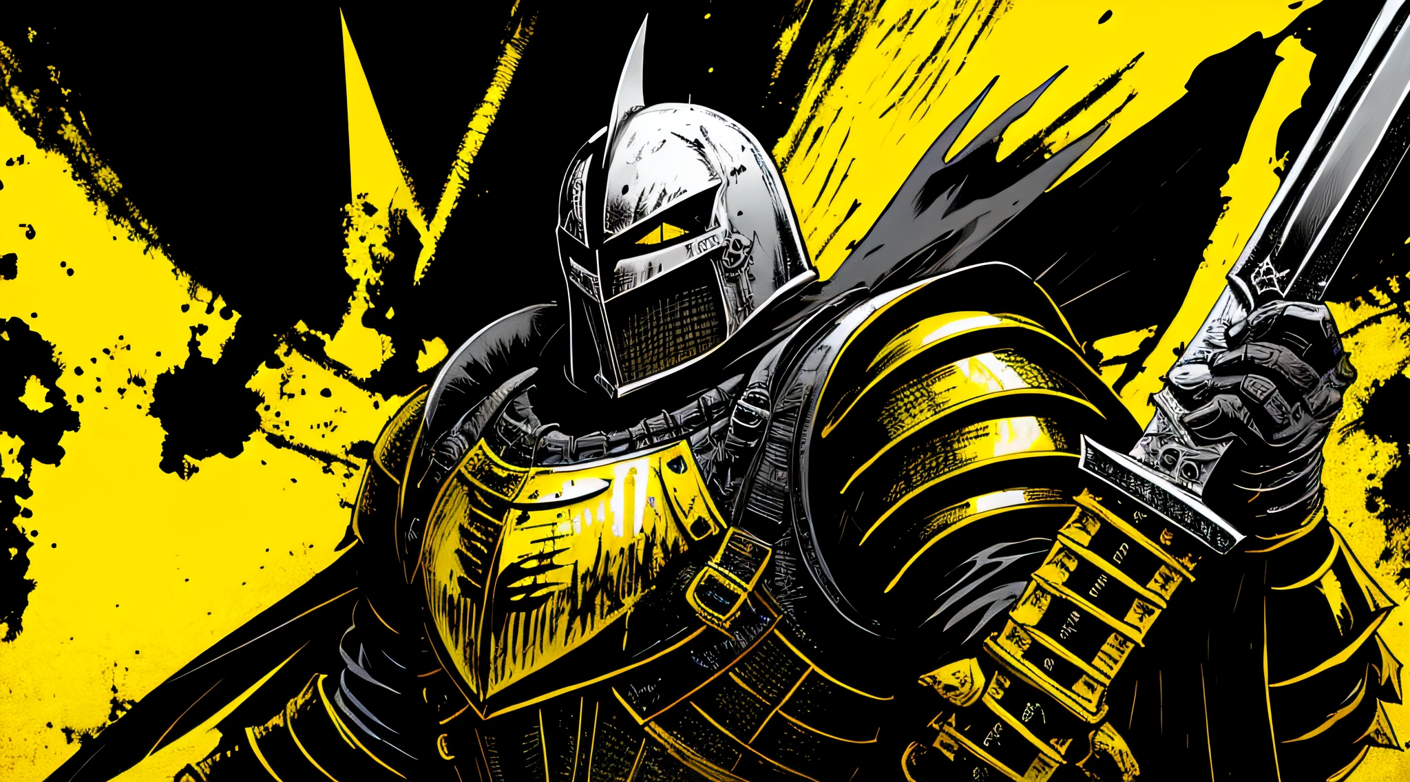 yellow and black, a medieval dark knight with a large sword, in the style of Mork Borg, strong contrast, grunge dirty punk splash art, black metal zine