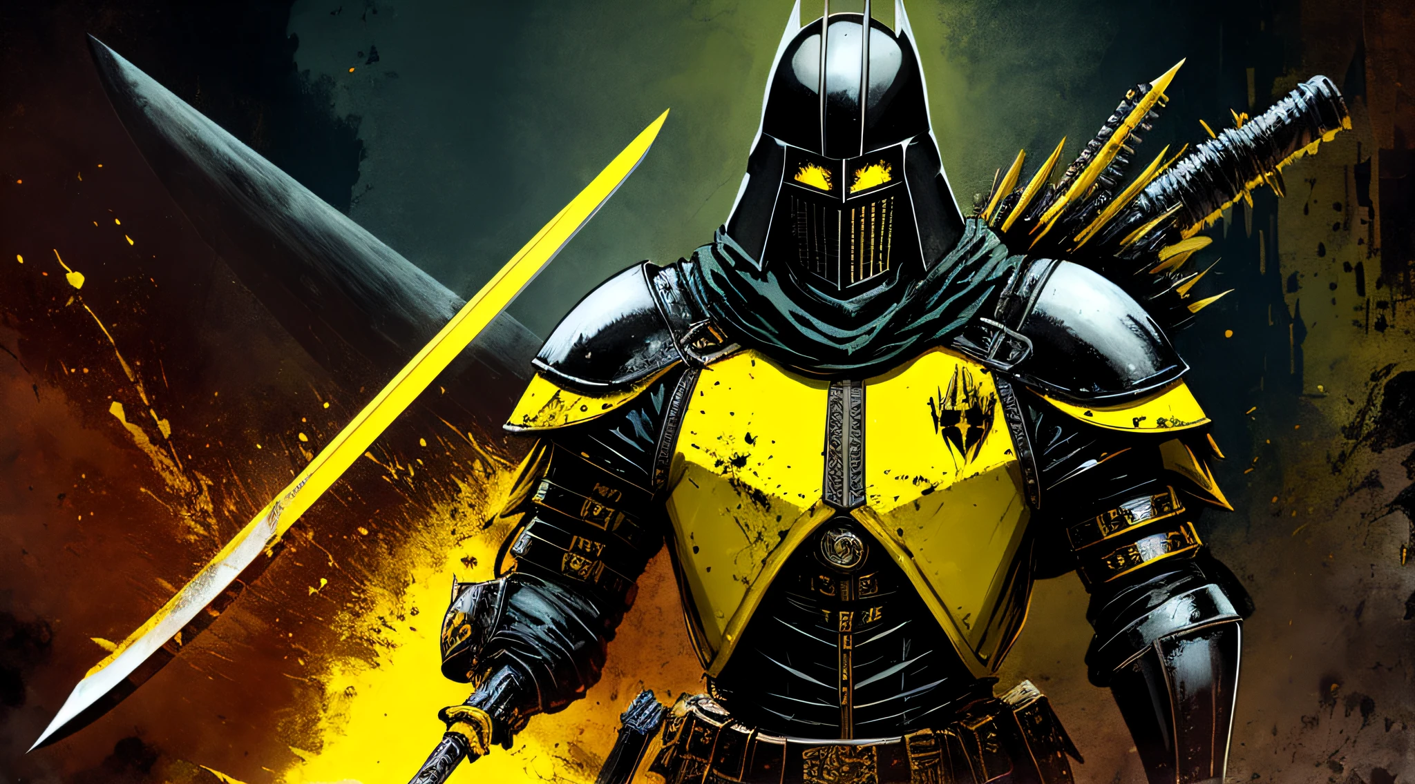 yellow and black, a medieval dark knight with a large sword, in the style of Mork Borg, strong contrast, grunge dirty punk splash art, black metal zine