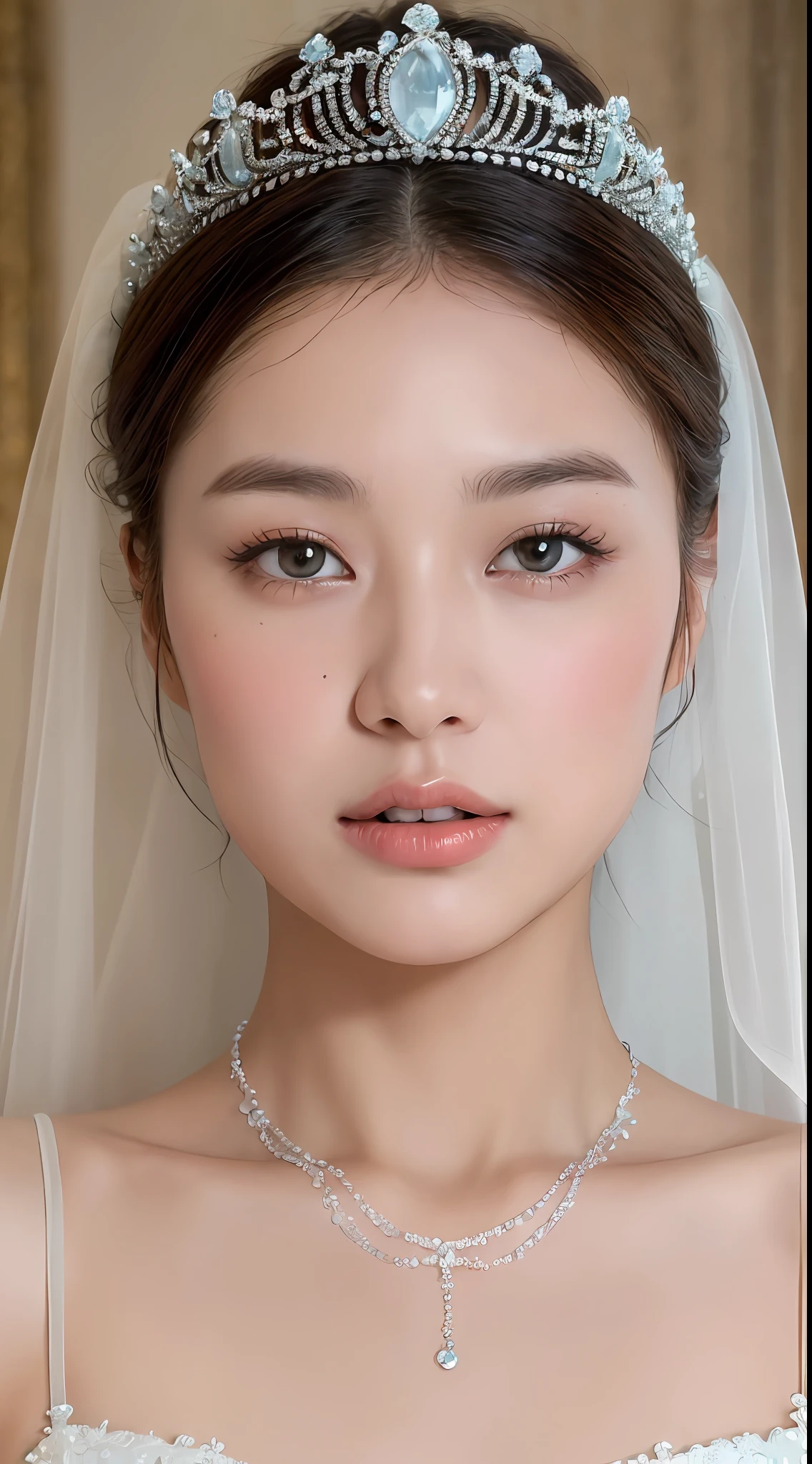 ((top quality, 8K, masterpiece: 1.3)), Sharp Focus: 1.2, beautiful woman at 24 years old, watery eyes, knotted hair, see-through bra, wedding veil, aquamarine necklace, pearl tiara, highly detailed face and skin texture, detailed eyes, double eyelids, exposed shoulders,