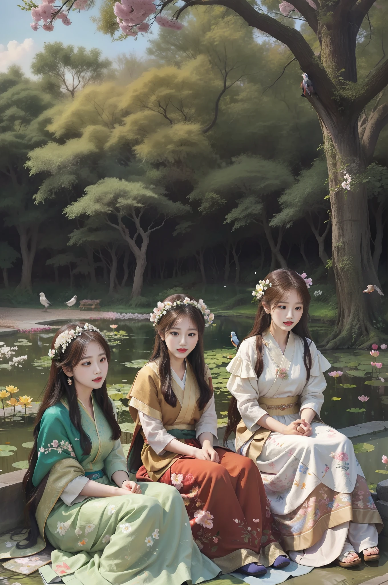 there are three women sitting on a blanket in the emperor's park,conversation,expression of joy,ancient tree,flowers ,birds,pond, oil painting,royal art