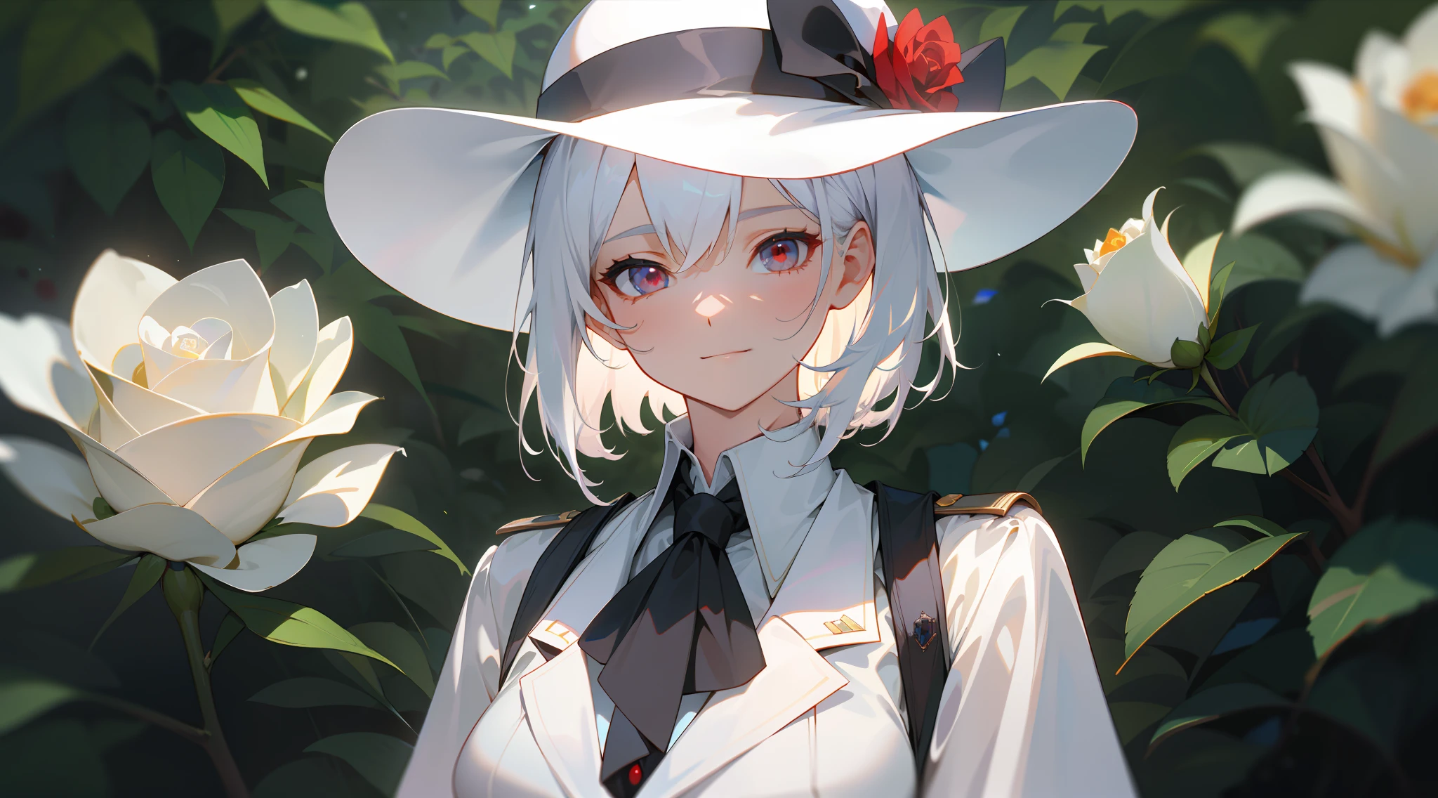 (masterpiece),(best quality),extremely detailed CG unity 8k wallpaper,ultra-detailed,highres,finely detail,(cowboy shot),upper body,Long shot,wide shot,(depth of field),perspective,cinematic lighting,an extremely delicate and beautiful girl,beautiful detailed girl,solo,extremely detailed eyes and face,(beautiful detailed eyes),arms behind back,light smile,White hair, short straight hair, light eyes, red eyes, white shirt, windbreaker, suits, wide-brimmed hat, black suit hat, black gloves, brooch, red rose, bud silk,Rose Garden, Garden