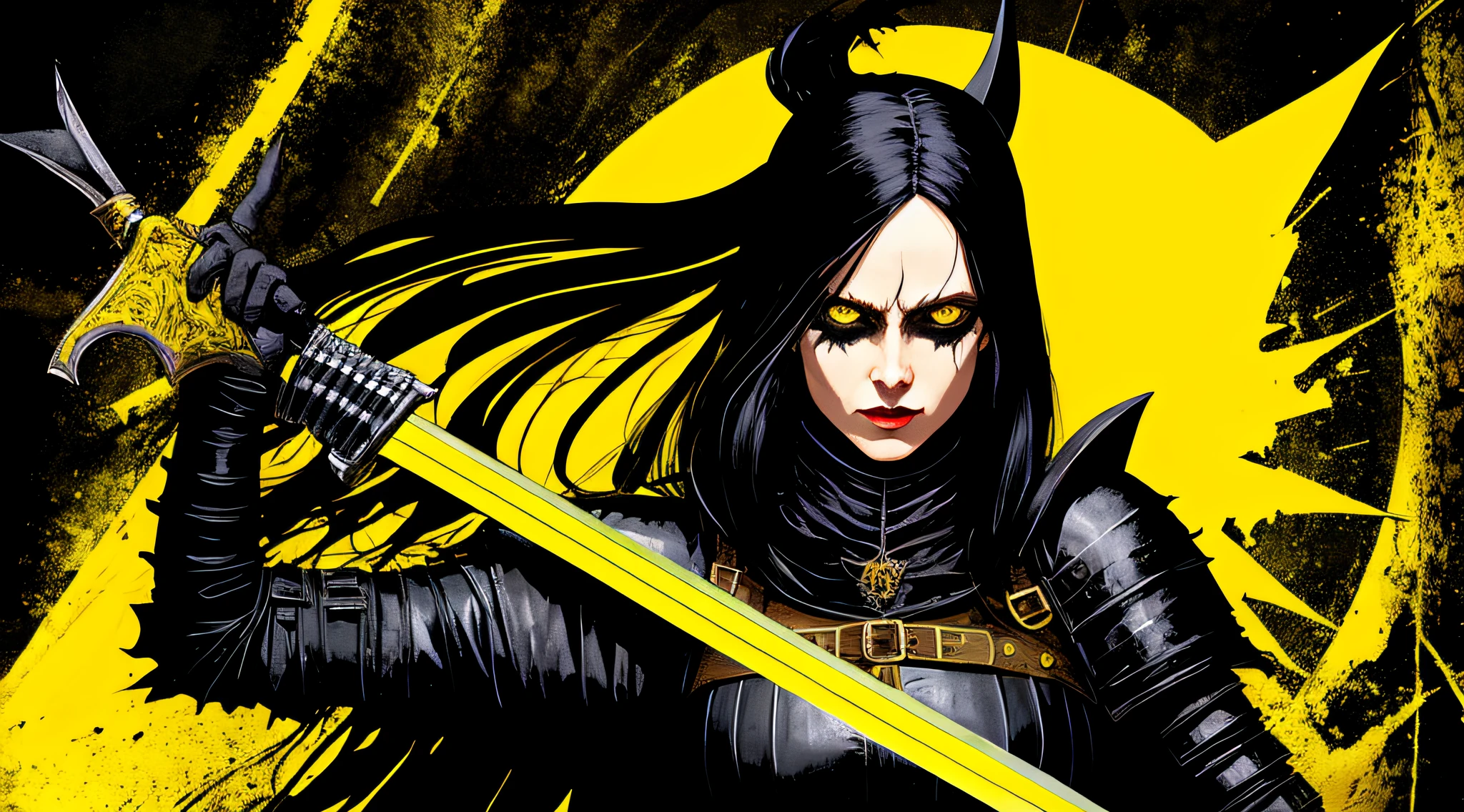 yellow and black, a medieval woman dark knight with a large sword, in the style of Mork Borg, strong contrast, grunge dirty punk splash art, black metal zine