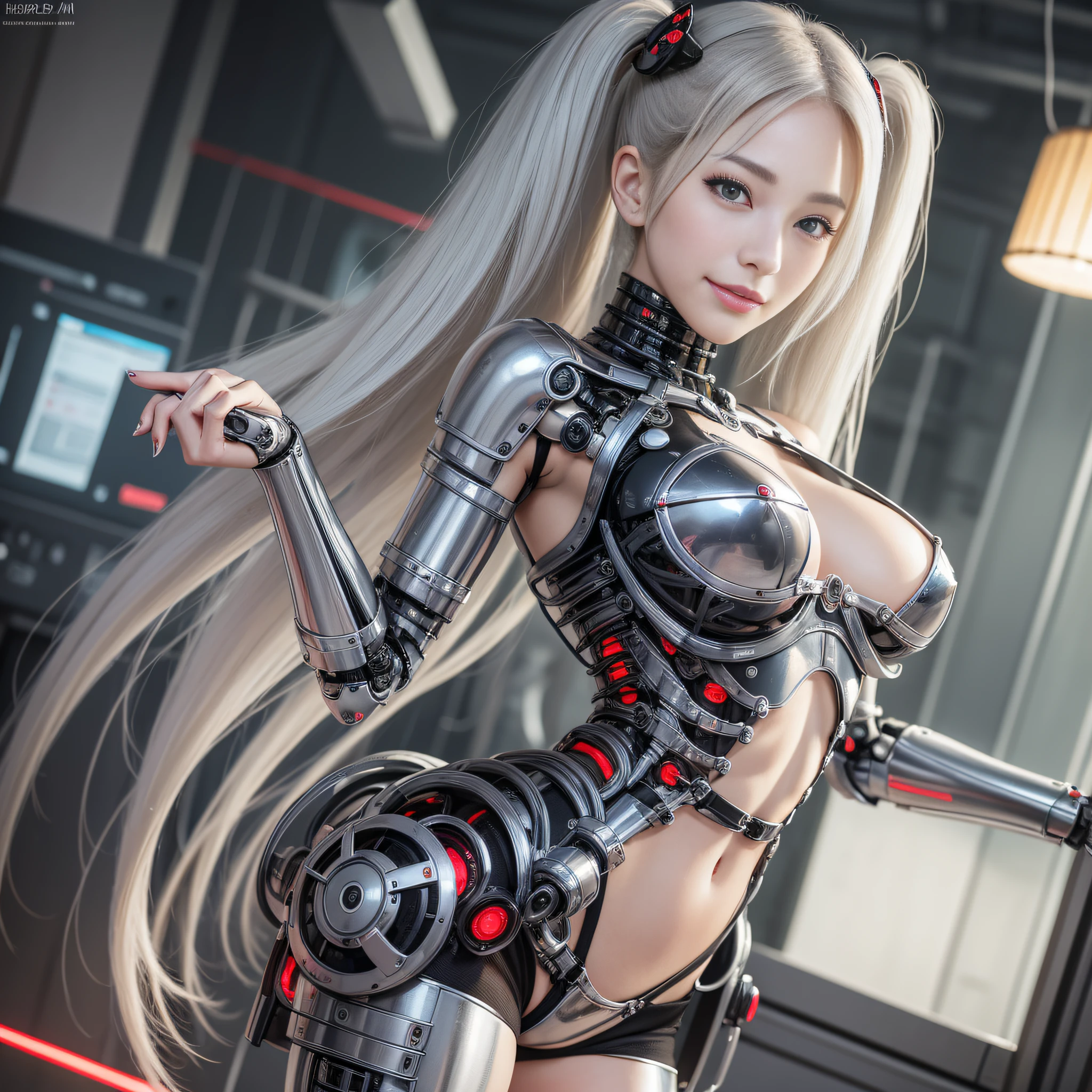 Beautiful Face,face is Japan, 1 Woman, Big, Curvaceous, (16k, RAW photo, top quality, masterpiece: 1.2), (HDR, Realistic, Photorealistic: 1.37) (tube attached to the body), (Bikini Cyborg robot parts)))), (light gray hair), Long hair, Wavy hair, Twin tails, Medium shot, ( Seductive smile)), (black eyes), princess cut,from below,(whole body),posing,,in the lab,( tube connected to blood vessel),((mechanical vertebrae attached to the back)),((mechanical neck attached to the neck)),(wire cable attached to the head and body),(character focus),science fiction,perfect female figure,perfect anatomy,ultraanatomy, Full body shot, up to 4 fingers and 1 thumb relationship,