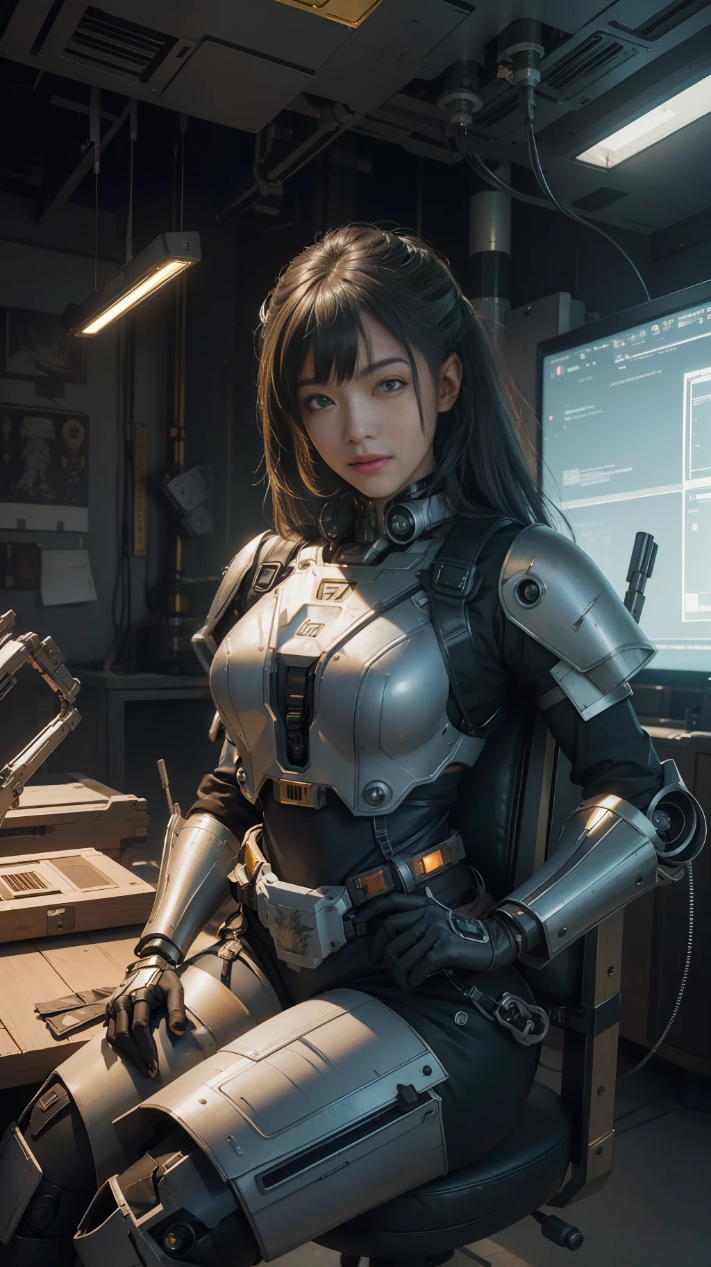 Beautiful hyperrealistic photograph of cute smiling asian cyberpunk female, (((wearing full heavy mecha armor, combat harness))) shapeless cyberpunk hairstyle, (((sitting in chair pose))), interior of tank background, abstract beauty, near perfection, pure form, Golden Ratio, concept art, By Brian Froud and Carne Griffiths and Wadim Kashin, intricate detail, 8k post-production, High resolution, super Detail, trending on ArtStation, sharp focus, studio photos, intricate detail, Very detailed, By Greg Rutkowski