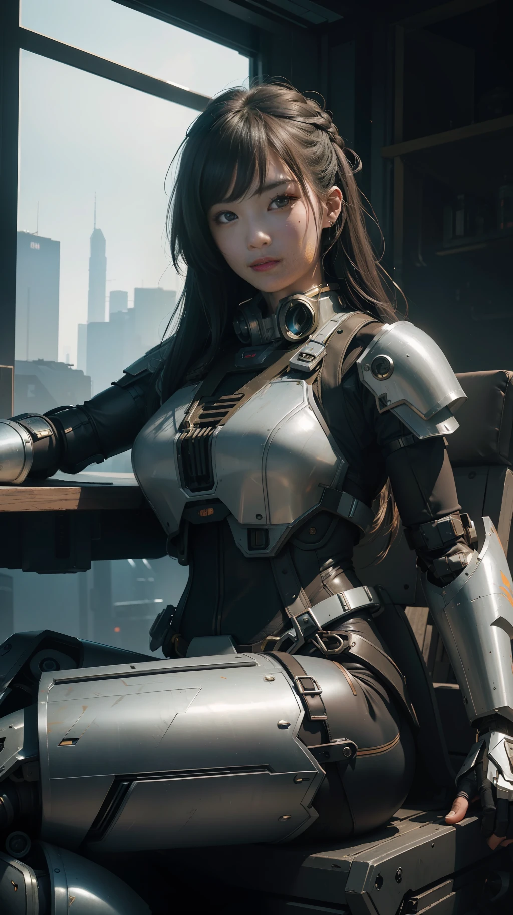 Beautiful hyperrealistic photograph of cute smiling asian cyberpunk female, (((wearing full heavy mecha armor, combat harness))) shapeless cyberpunk hairstyle, (((sitting in chair pose))), interior of tank background, abstract beauty, near perfection, pure form, Golden Ratio, concept art, By Brian Froud and Carne Griffiths and Wadim Kashin, intricate detail, 8k post-production, High resolution, super Detail, trending on ArtStation, sharp focus, studio photos, intricate detail, Very detailed, By Greg Rutkowski