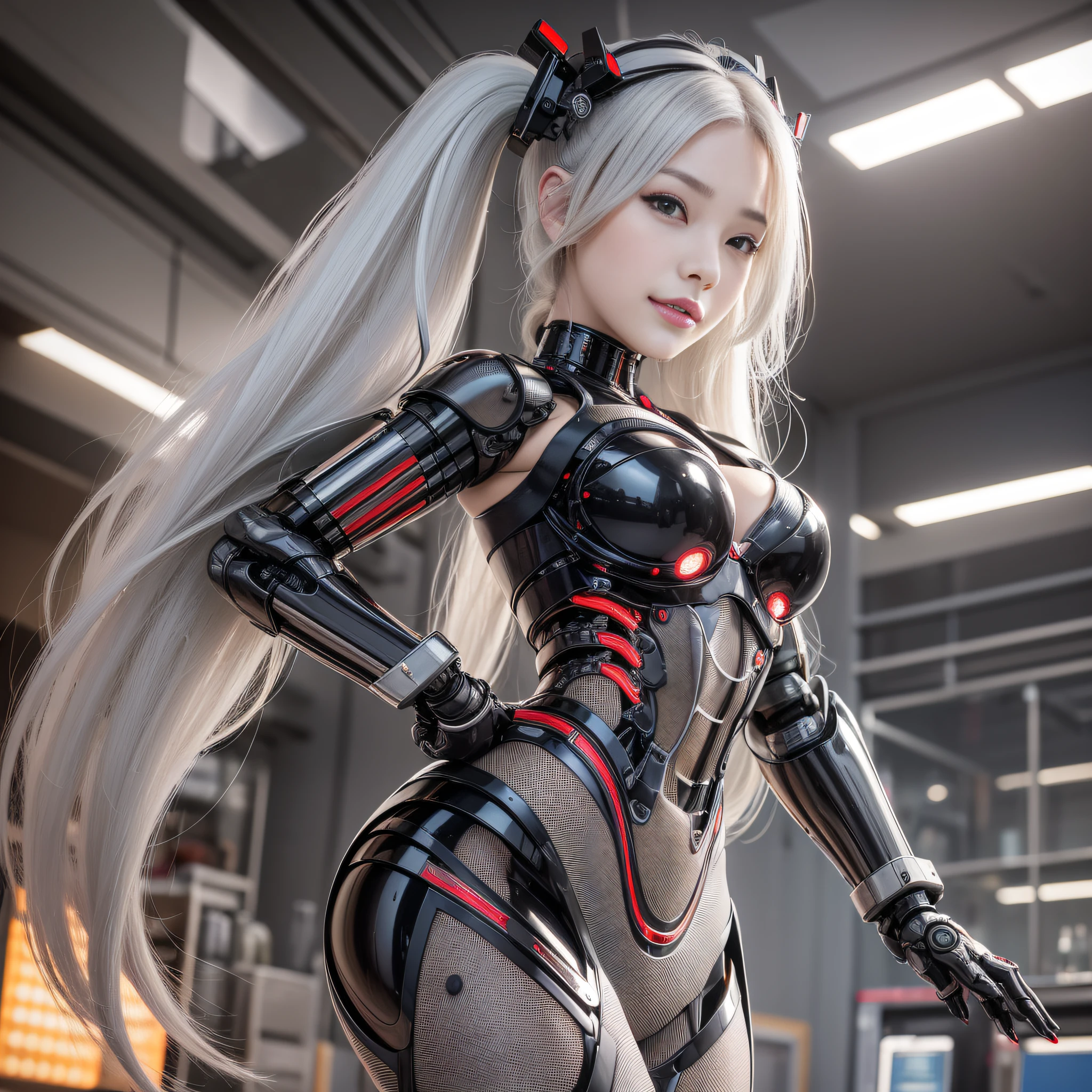 Beautiful Face,face is Japan, 1 Woman, Big, Curvaceous, (16k, RAW photo, top quality, masterpiece: 1.2), (HDR, Realistic, Photorealistic: 1.37) (tube attached to the body), (Bikini Cyborg robot parts)))), (light gray hair), Long hair, Wavy hair, Twin tails, Medium shot, ( Seductive smile)), (black eyes), princess cut,from below,(whole body),posing,,in the lab,( tube connected to blood vessel),((mechanical vertebrae attached to the back)),((mechanical neck attached to the neck)),(wire cable attached to the head and body),(character focus),science fiction,perfect female figure,perfect anatomy,ultraanatomy, Full body shot, up to 4 fingers and 1 thumb relationship,