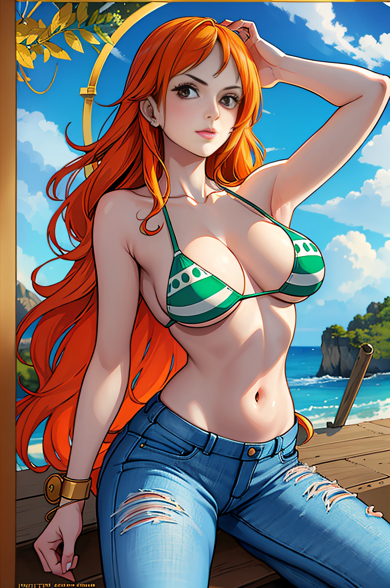 (((masterpiece+best quality+high resolution+ultra-detailed))), 1girl with clima-tact, Nami, long silky orange hair, high nose, sharp eyes, noble and inviolable temperament, (([female]: 1.2 + [beauty]: 1.2 + orange long hair: 1.2)), pirate ship background, blue sky, clouds, log pose, gold bracelets, revealing green and white bikini halter top, tight low-rider jeans, shoulder tattoo, bright eyes, dynamic angle and posture.