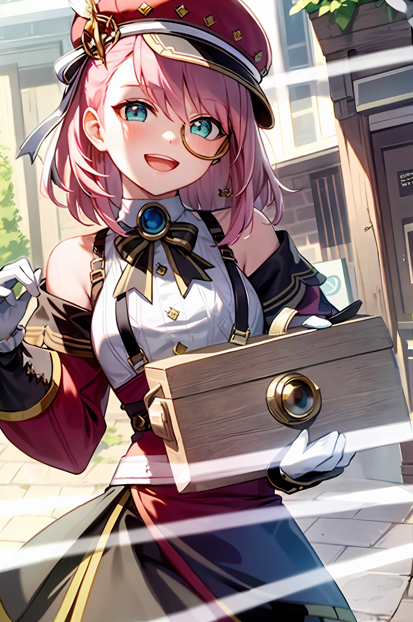Anime girl with pink hair and blue eyes holding a box - SeaArt AI