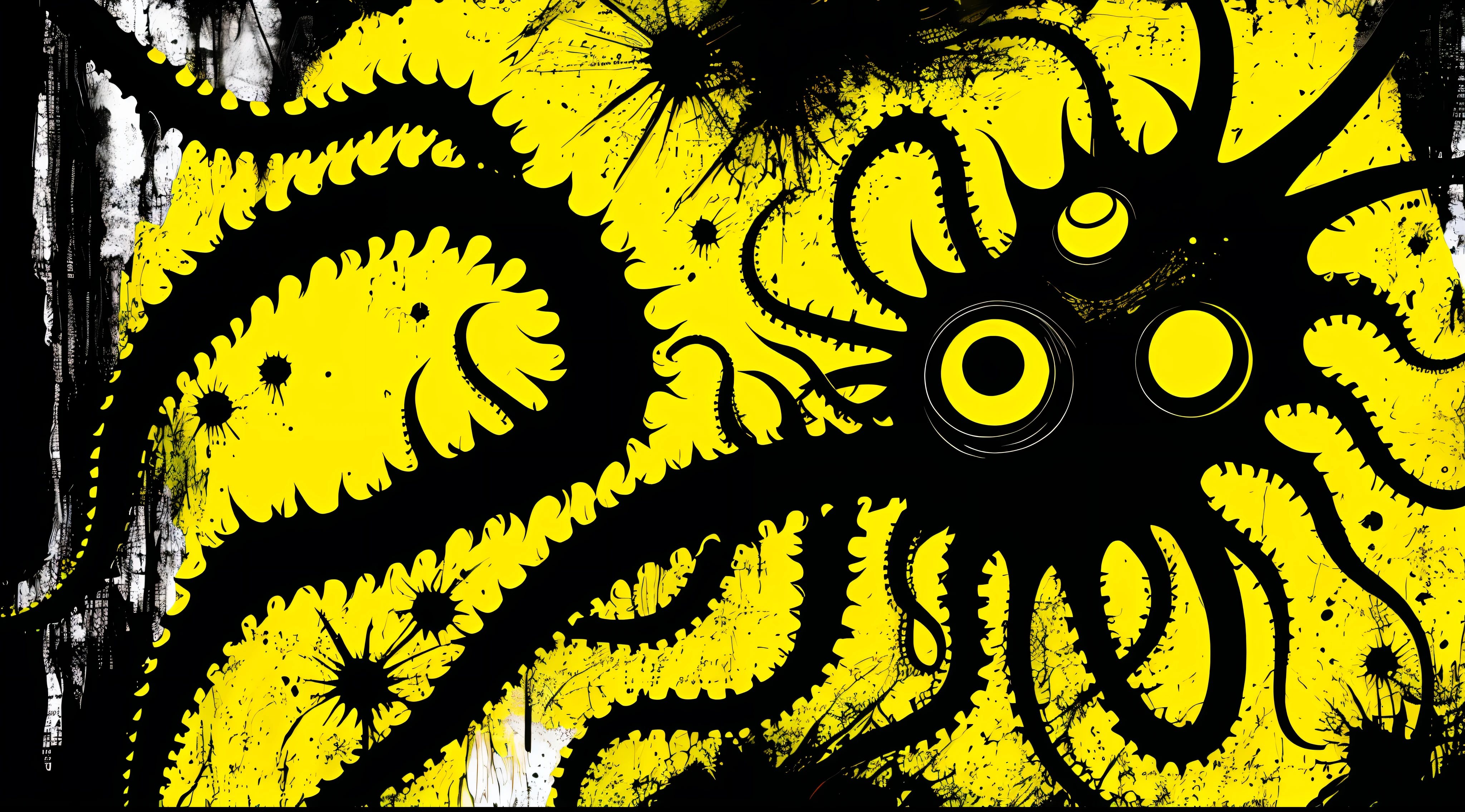 yellow and black, a deformed monster with disgusting tentacles, in the style of Mork Borg, strong contrast, grunge dirty punk splash art, black metal zine