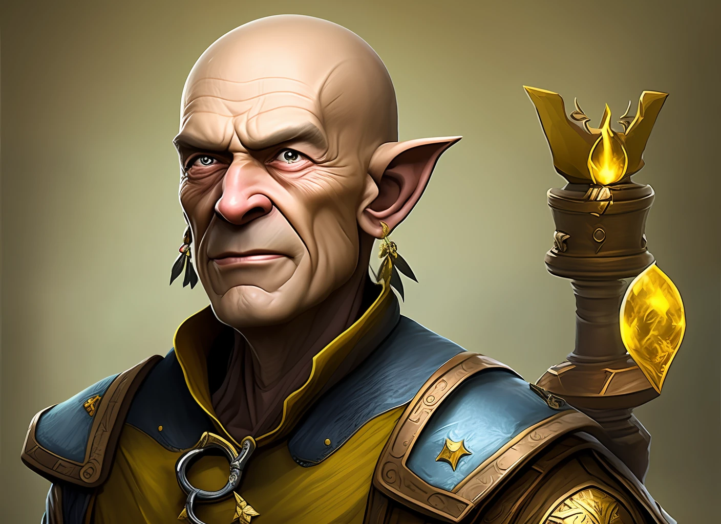 67-year-old man, yellow skin, pointed ears, flicky chin, postured and alchemist