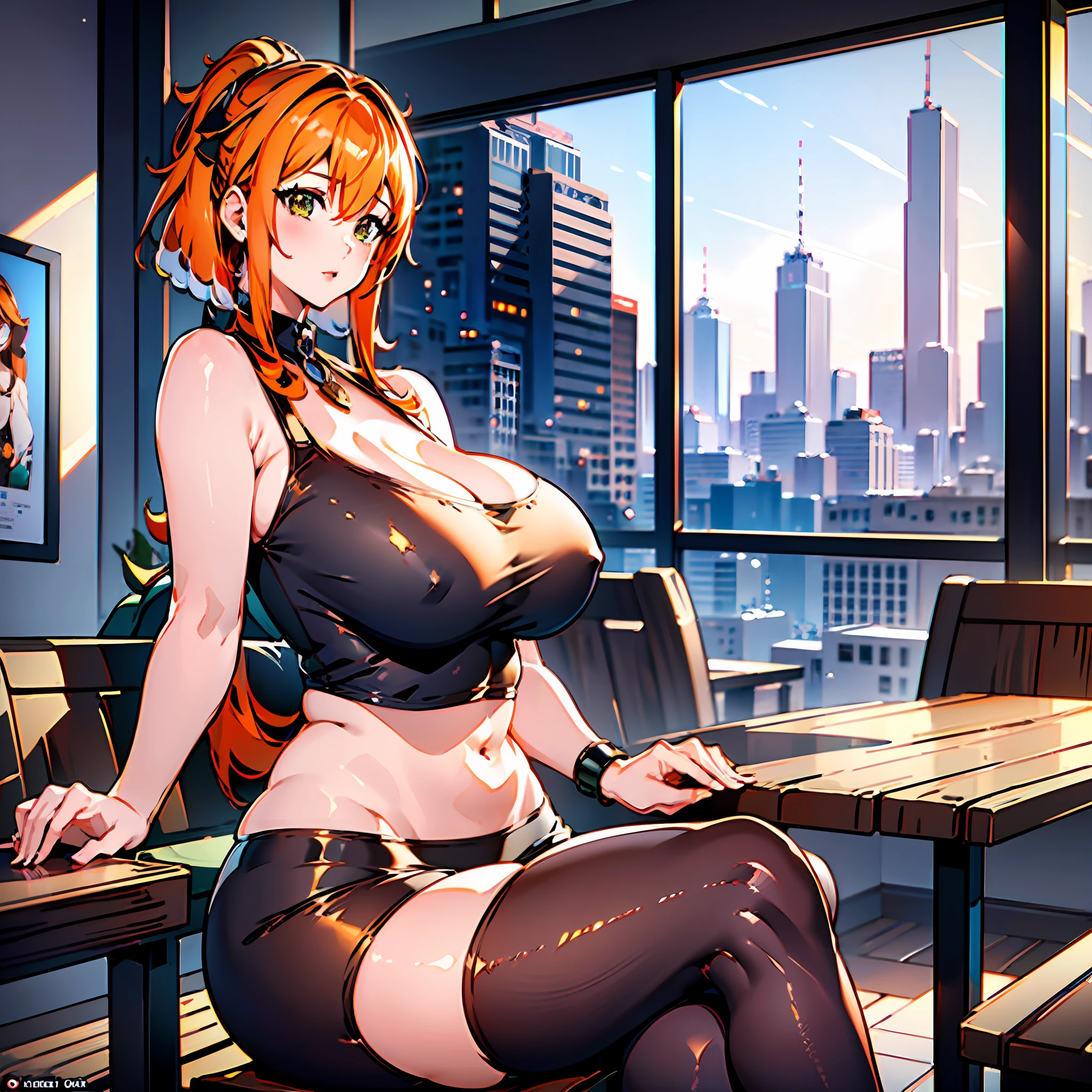 (masterpiece) best quality ultra-detailed CG NVIDIA RTX 3060 wallpaper, (1 girl) with beautiful features and a stunning orange and white hairstyle. Her thicc thighs and huge breasts peek out under her casual clothes as she enjoys coffee at the cafeteria.
