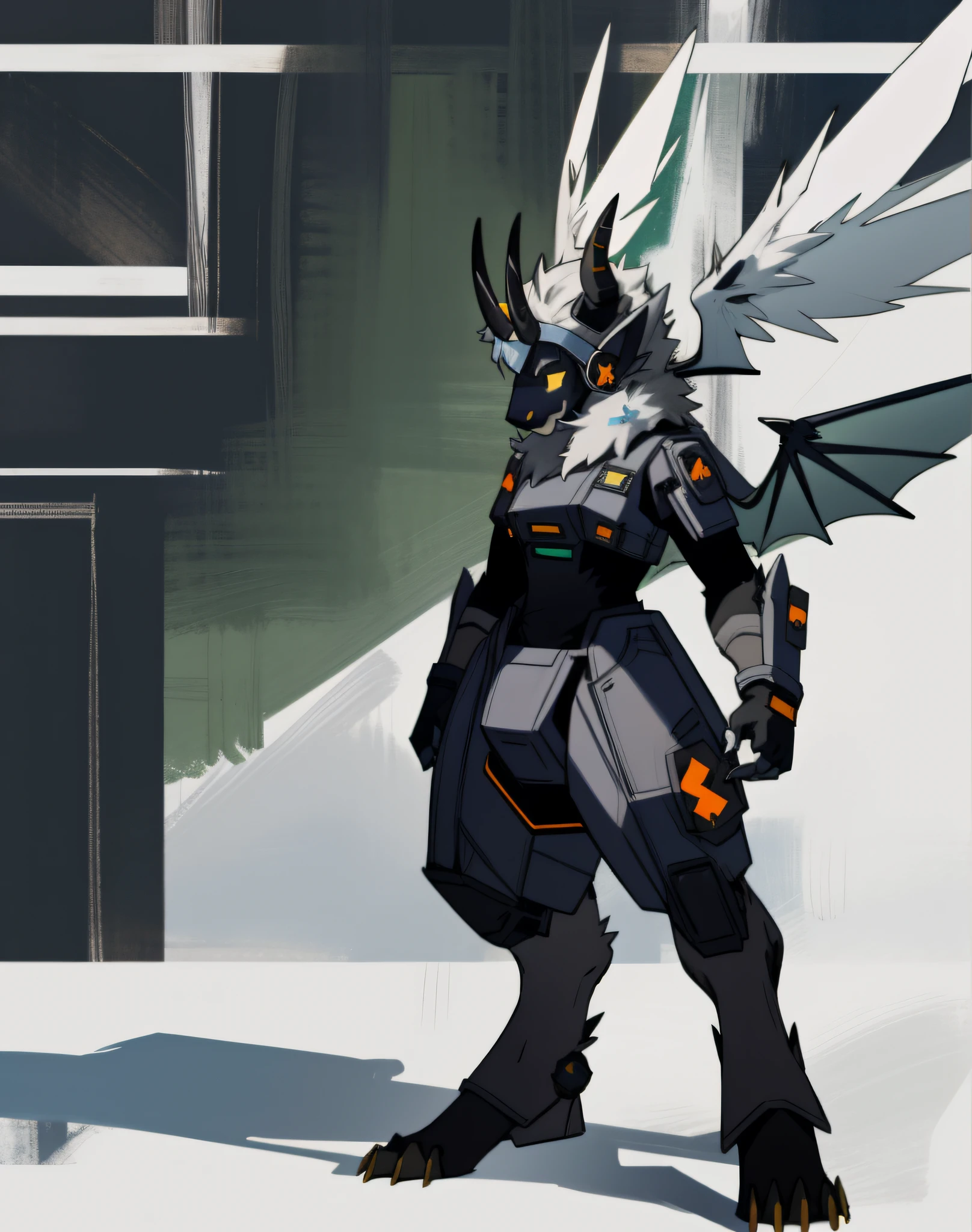Protogen profile picture very fluffy, dragon, horned, gray-black, standing painting, with wings, claws, science fiction