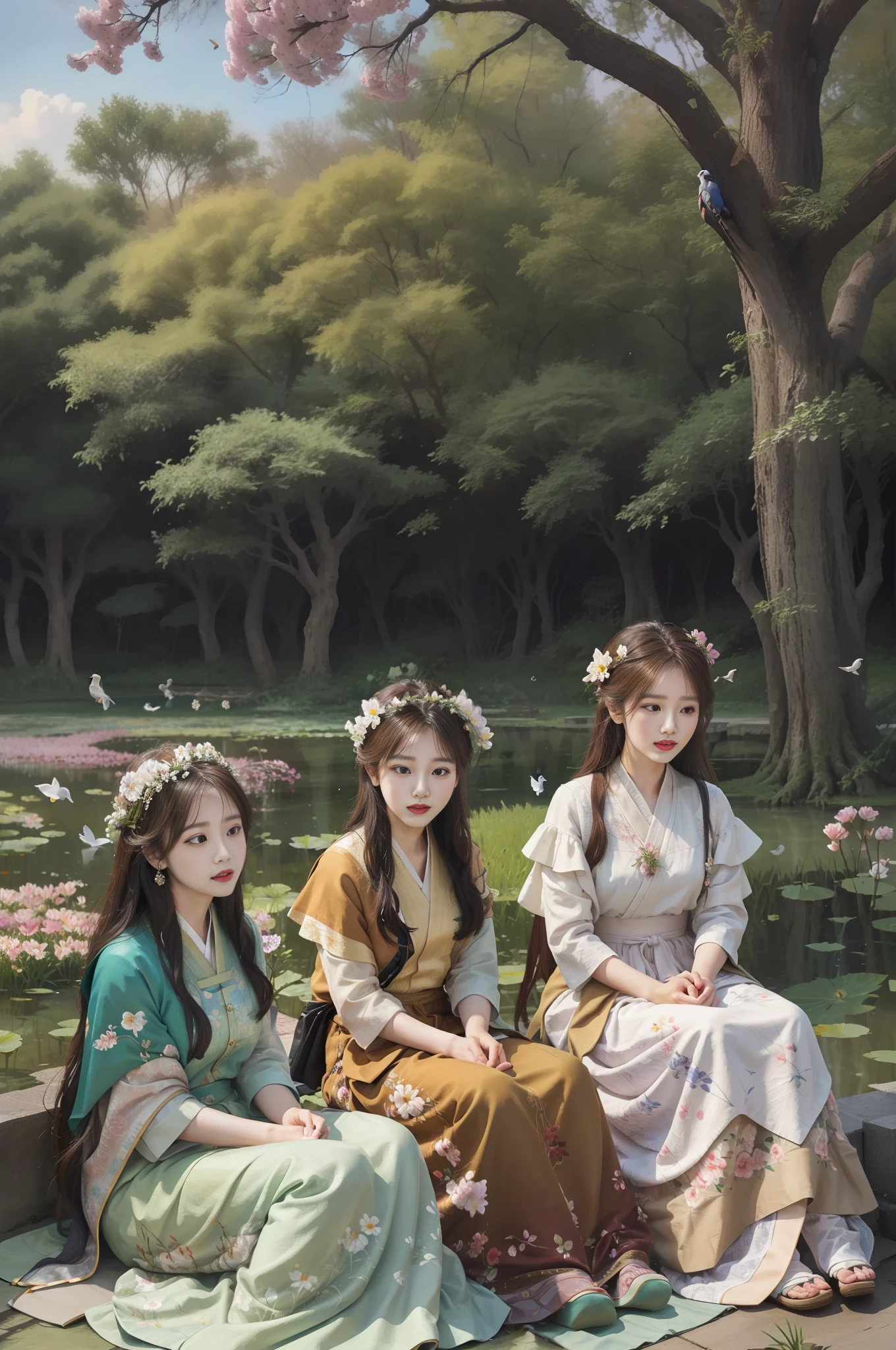 there are three women sitting on a blanket in the emperor's park,conversation,expression of joy,ancient tree,flowers ,birds,pond, oil painting,royal art